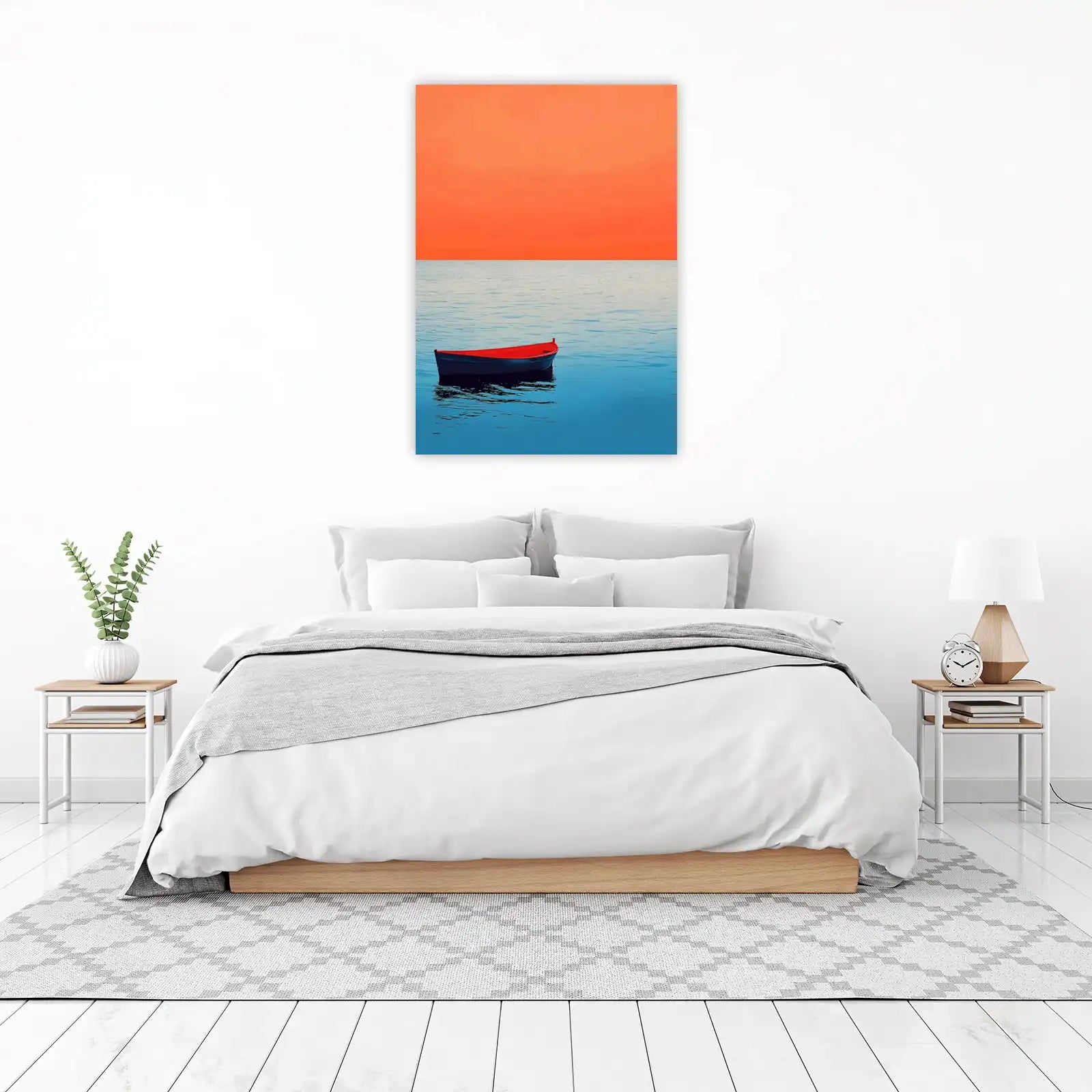 Serene Red Boat Minimalist Seascape Wall Art