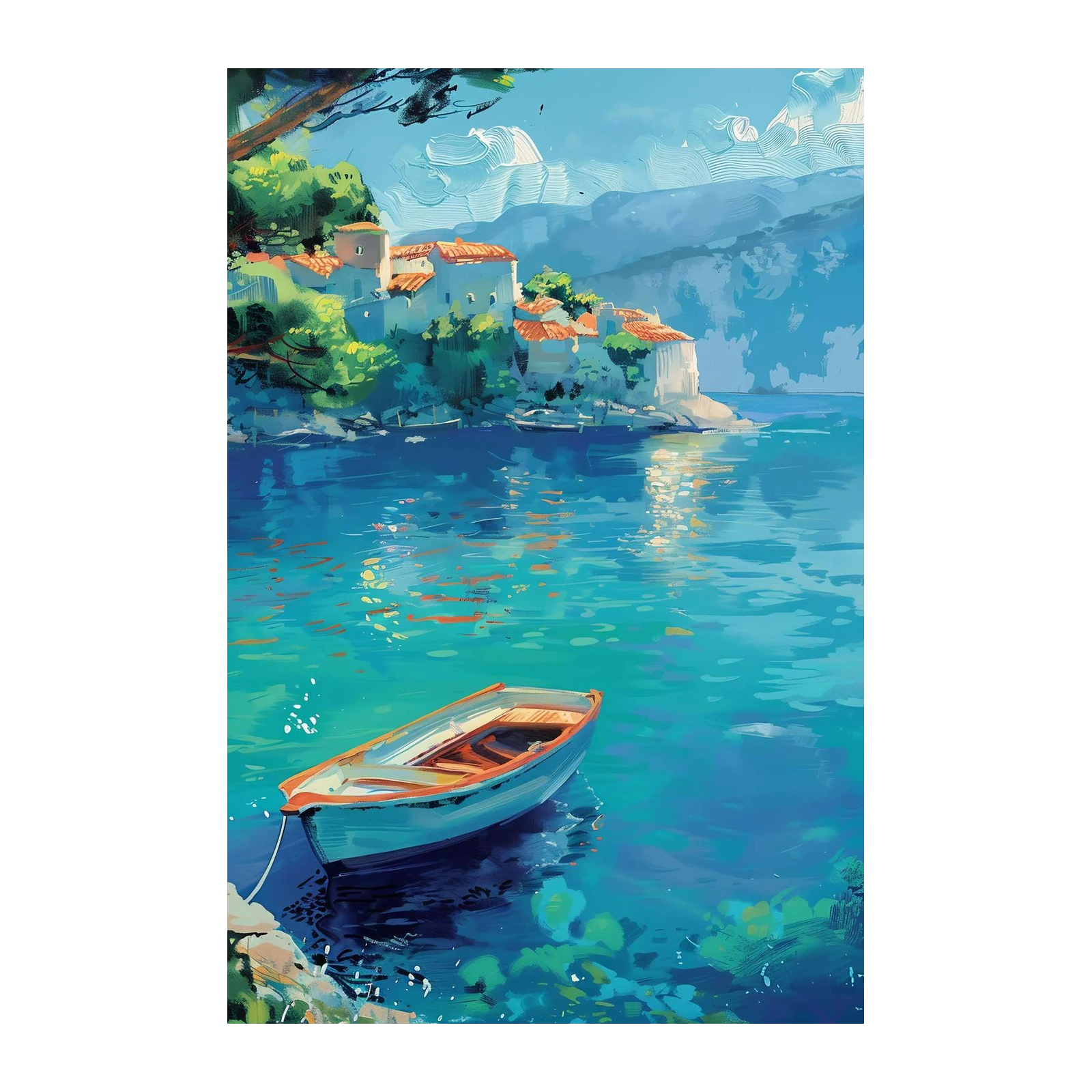 Serene Coastal Village Boat Wall Art
