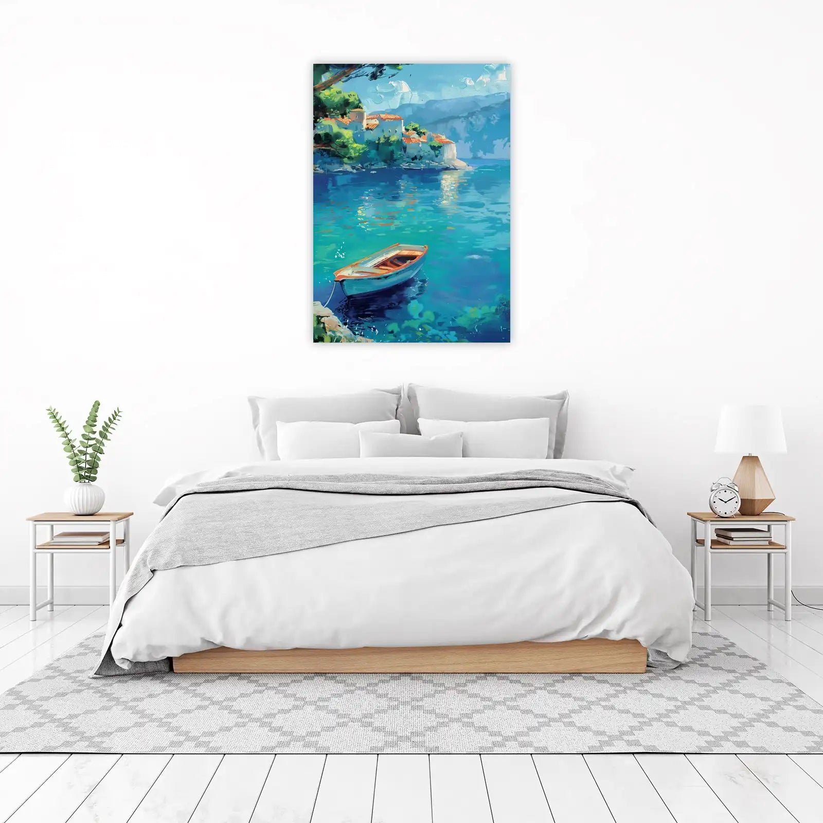 Serene Coastal Village Boat Wall Art