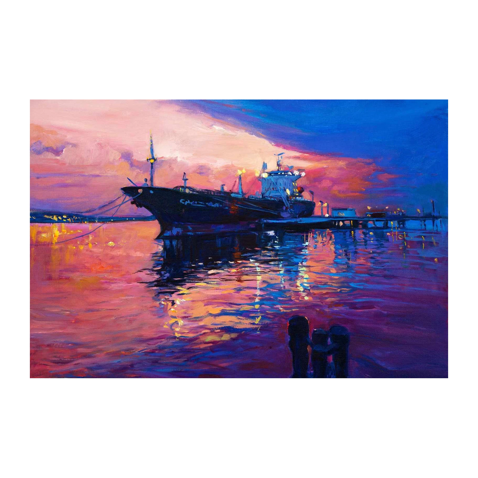 Vibrant Harbor Ship Sunset Wall Art