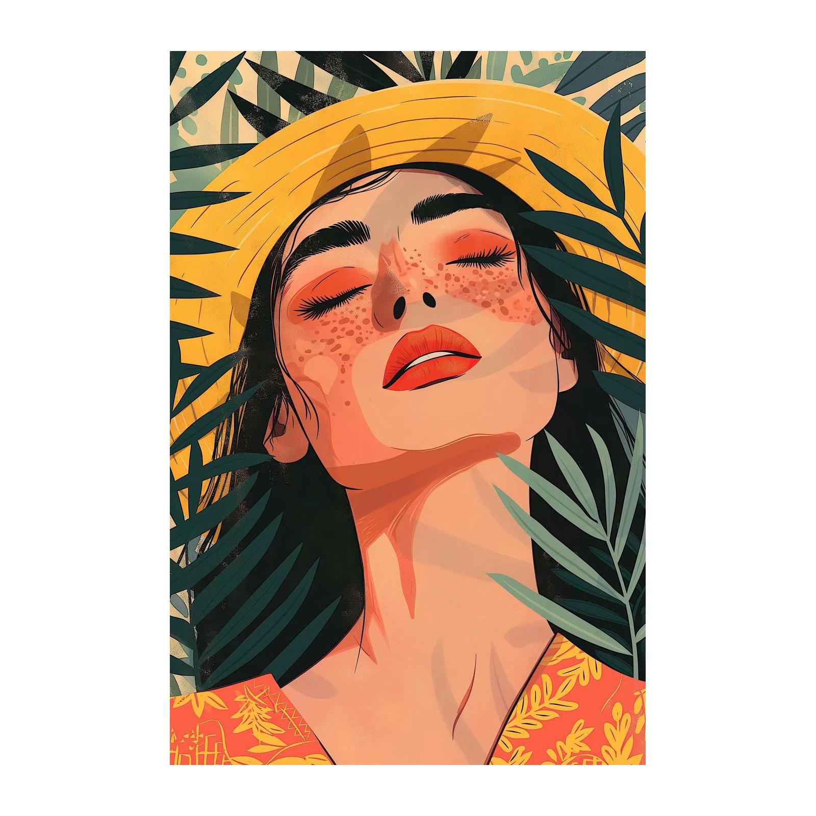 Serene Tropical Woman with Freckles Wall Art
