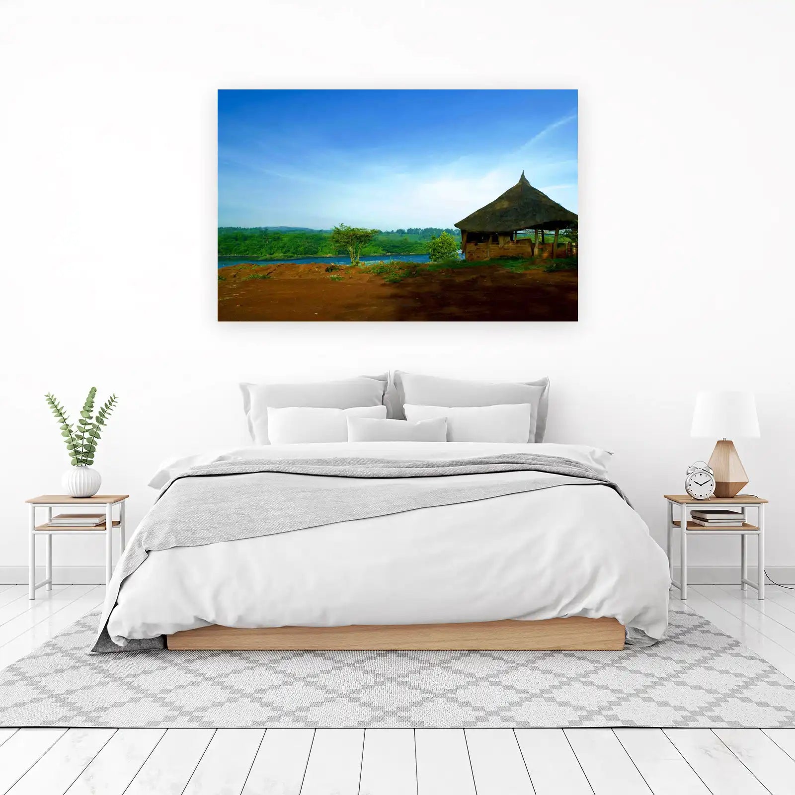 Serene Riverfront Hut Landscape Wall Art