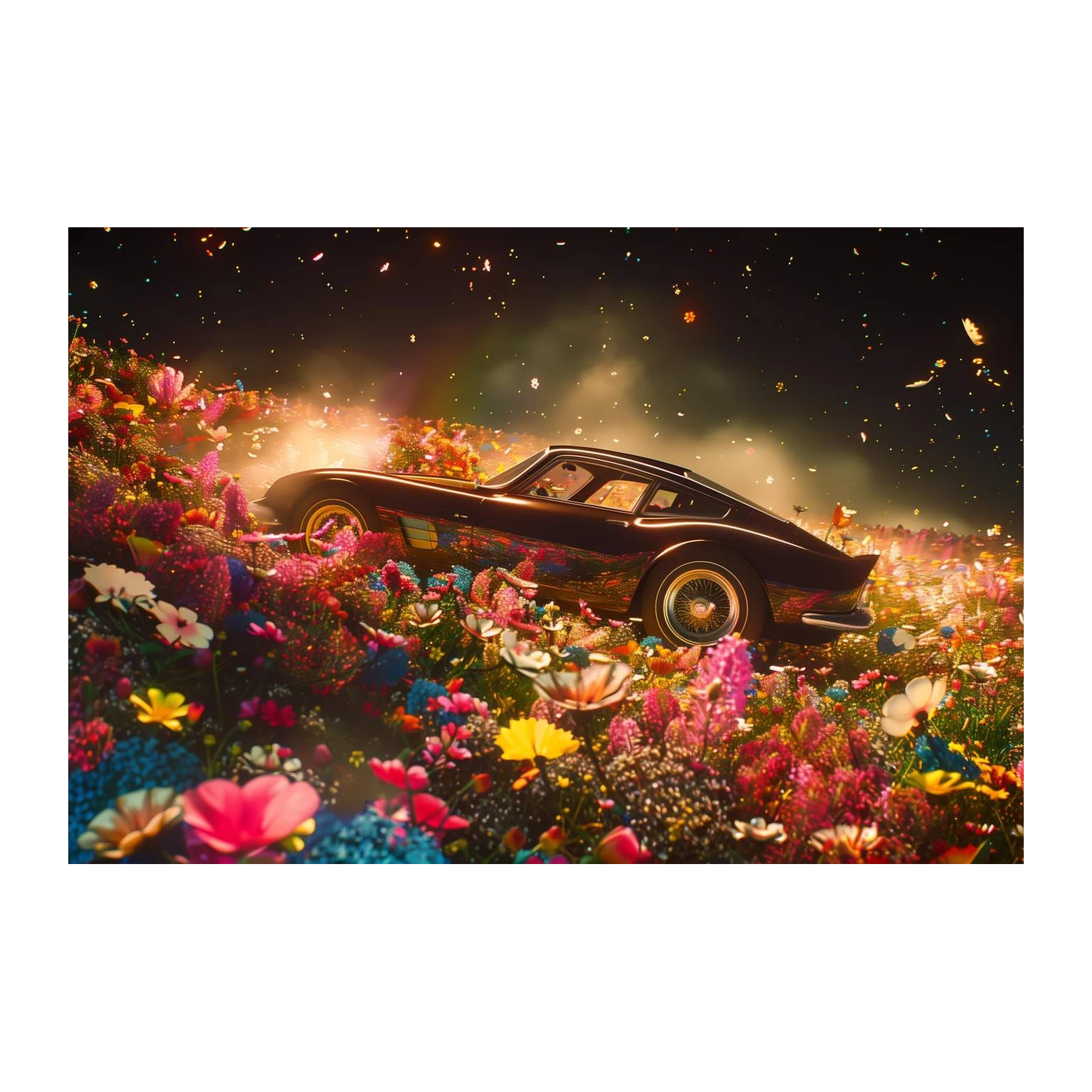 Dreamscape Drive: Vintage Car Floral Fantasy Wall Art