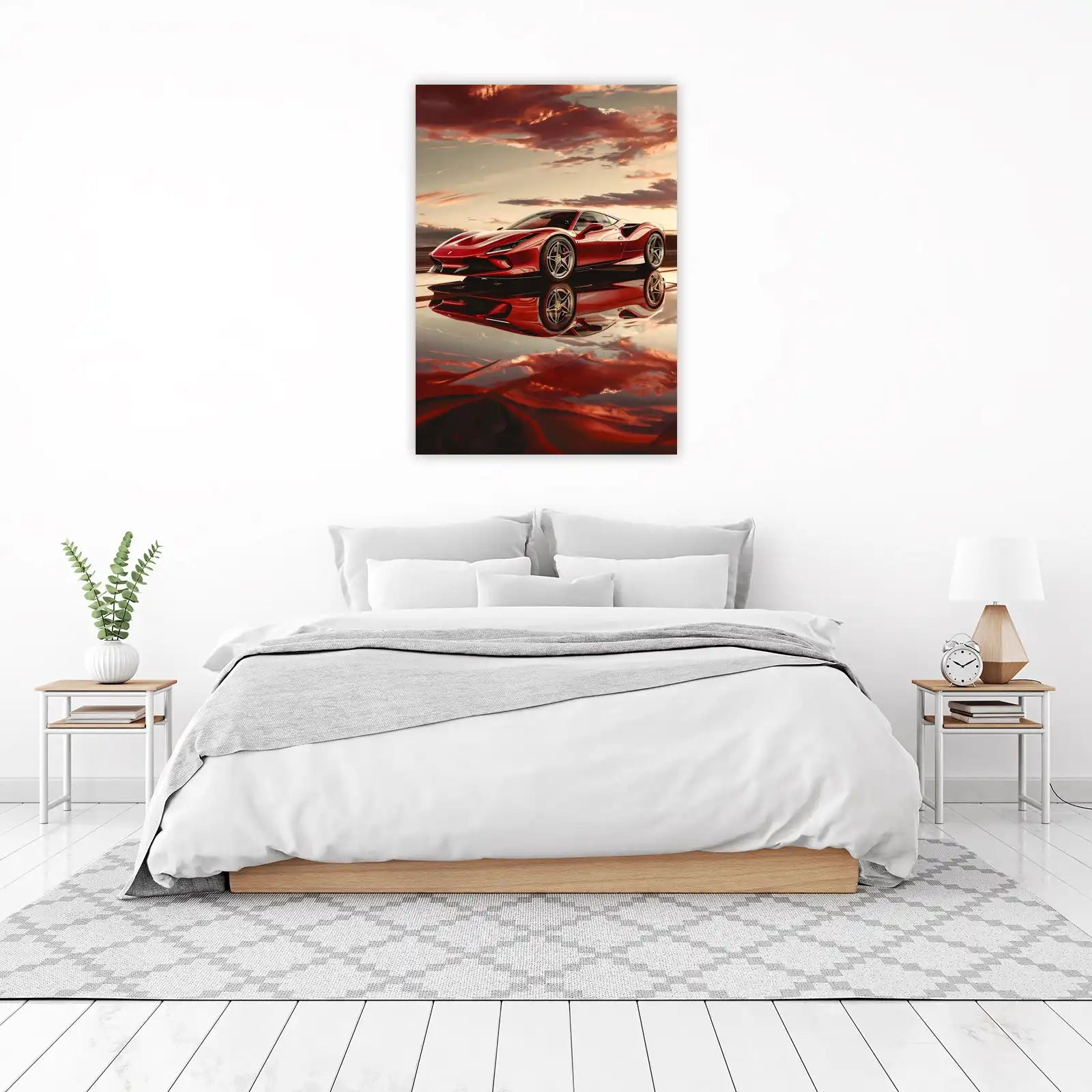 Luxury Red Sports Car Sunset Reflection Wall Art