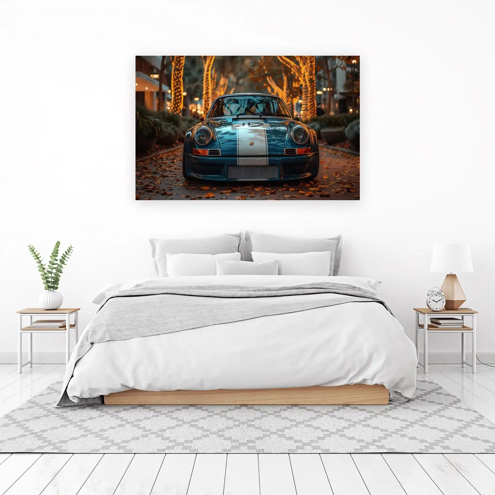 Vintage Blue Porsche Street Scene Wall Art