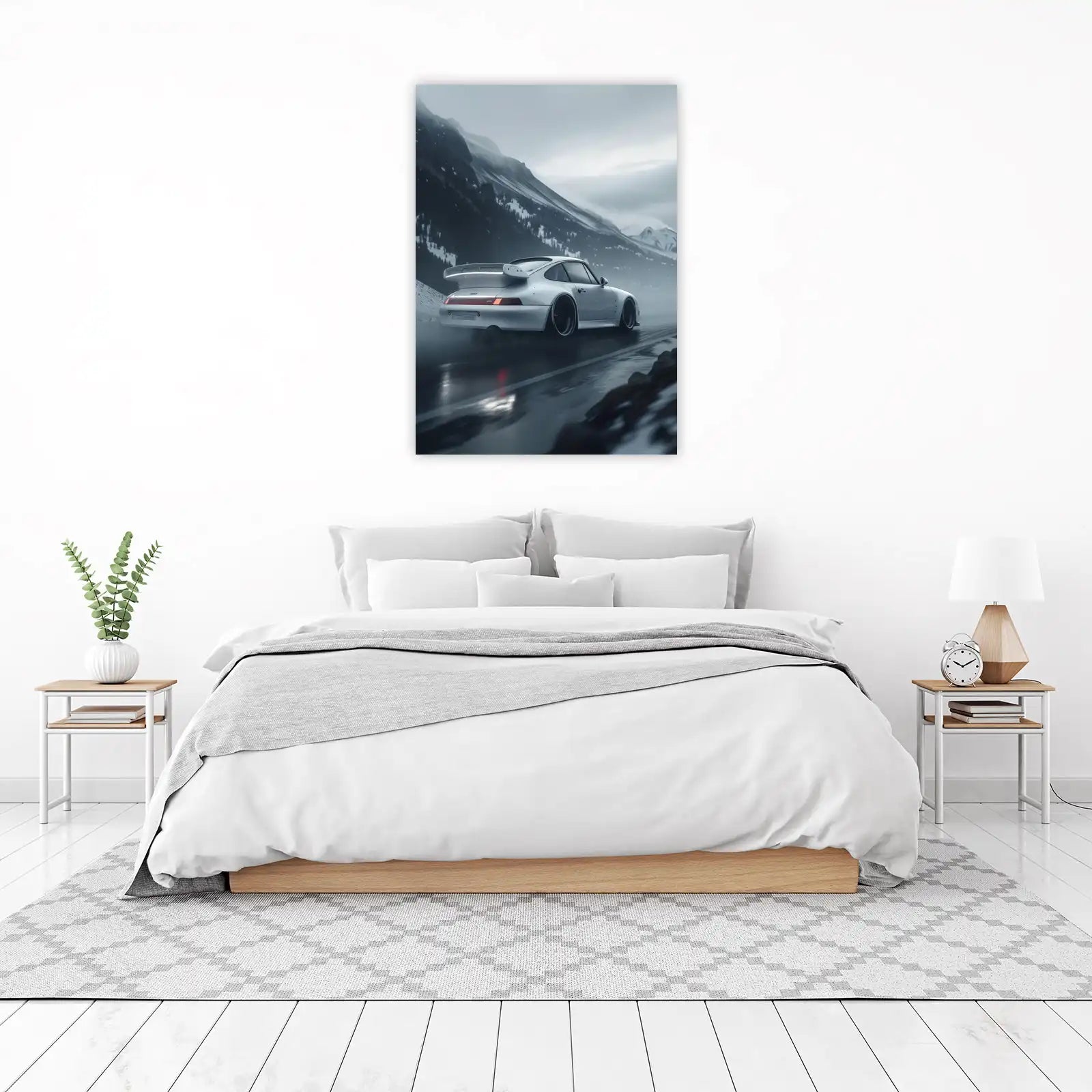 White Porsche Turbo on Misty Mountain Road Wall Art