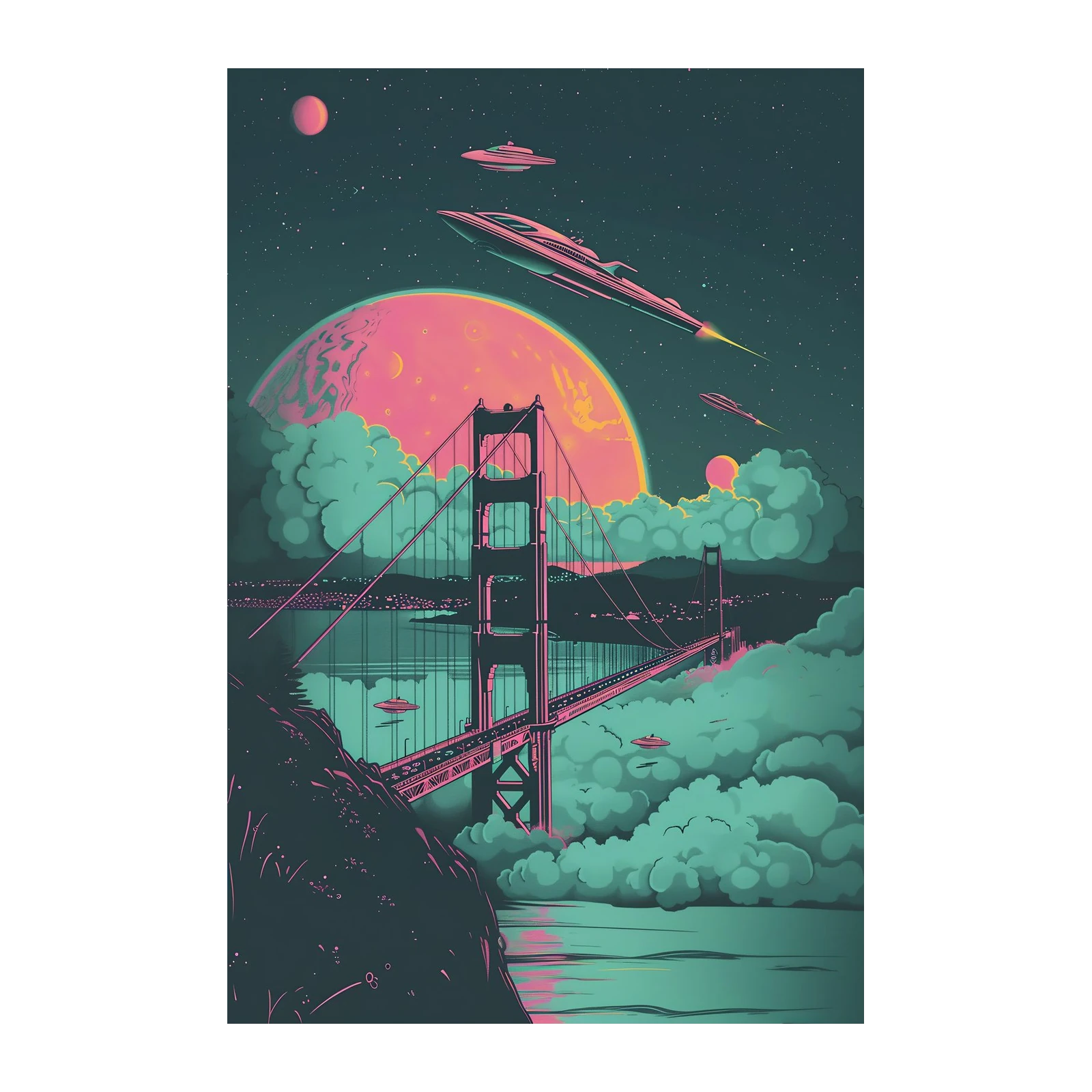 Retro Sci-Fi Golden Gate UFO Wall Art