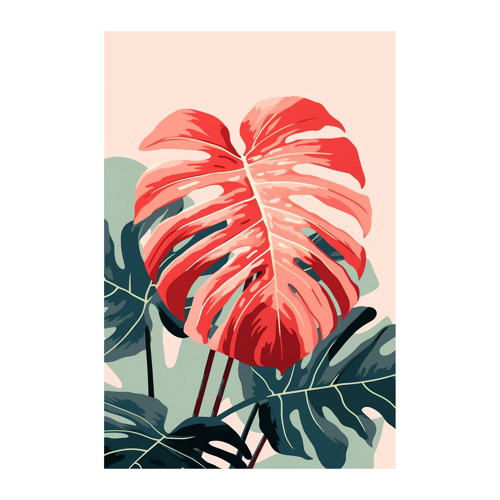 Vibrant Coral Monstera Tropical Leaf Wall Art