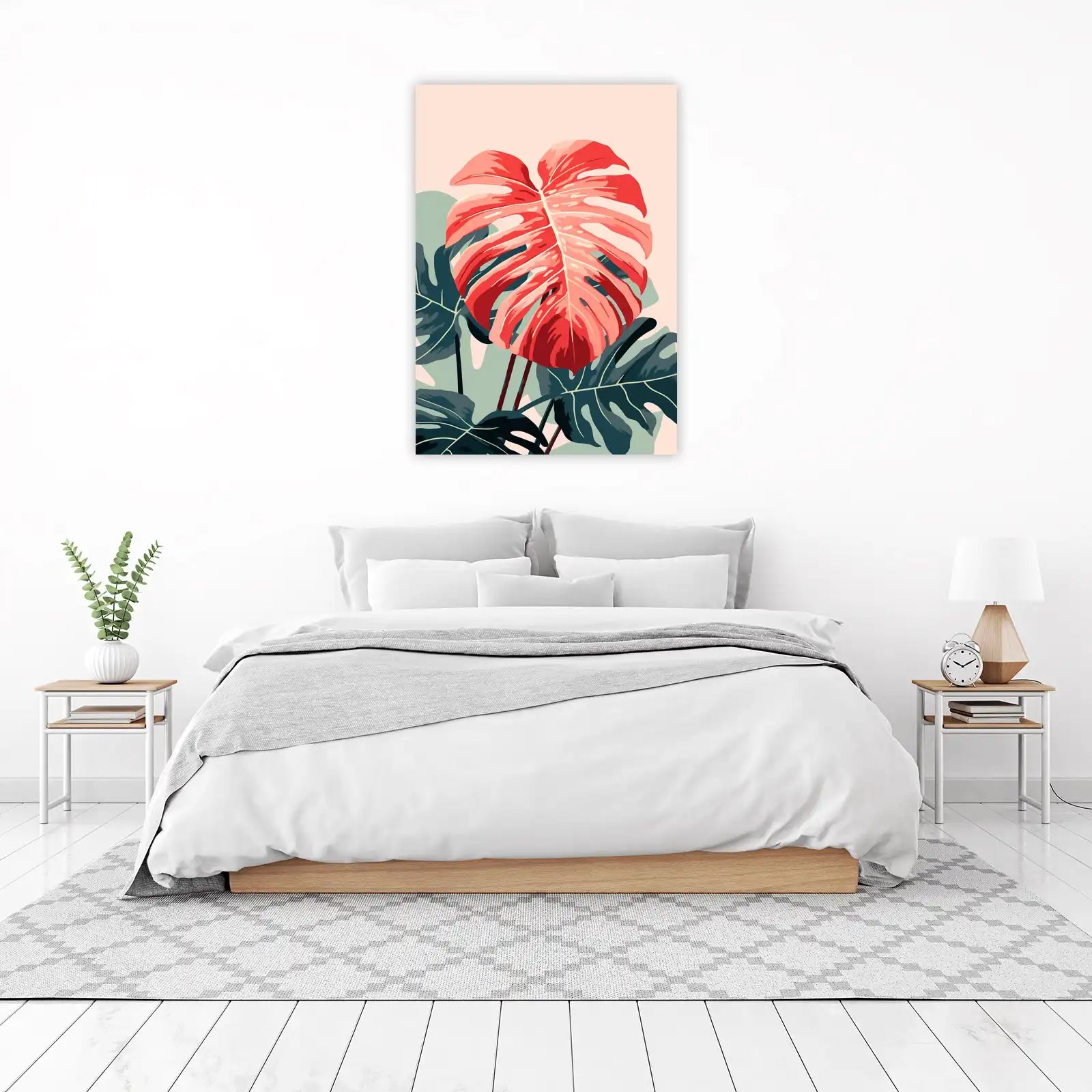 Vibrant Coral Monstera Tropical Leaf Wall Art