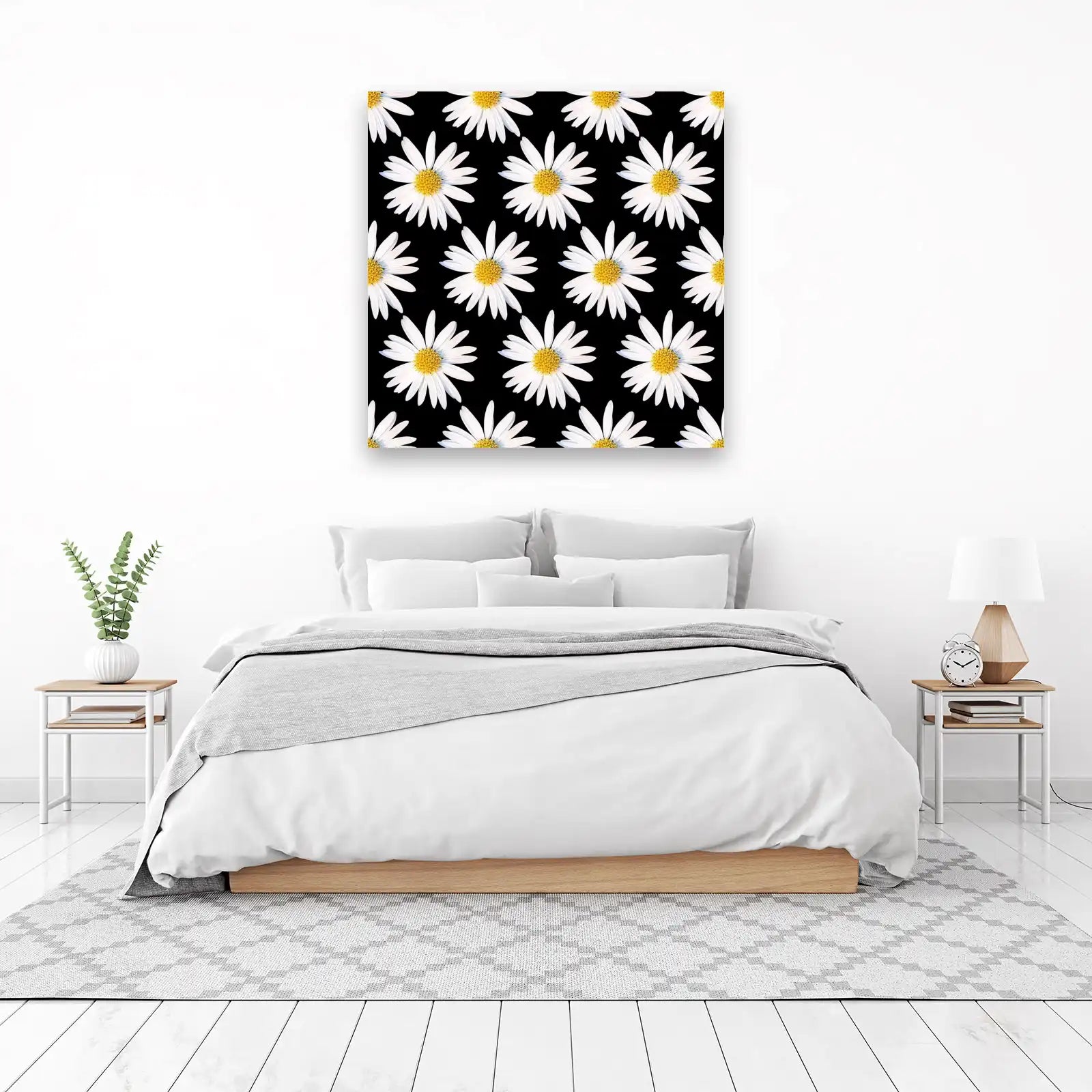 White Daisy Black Background Wall Art