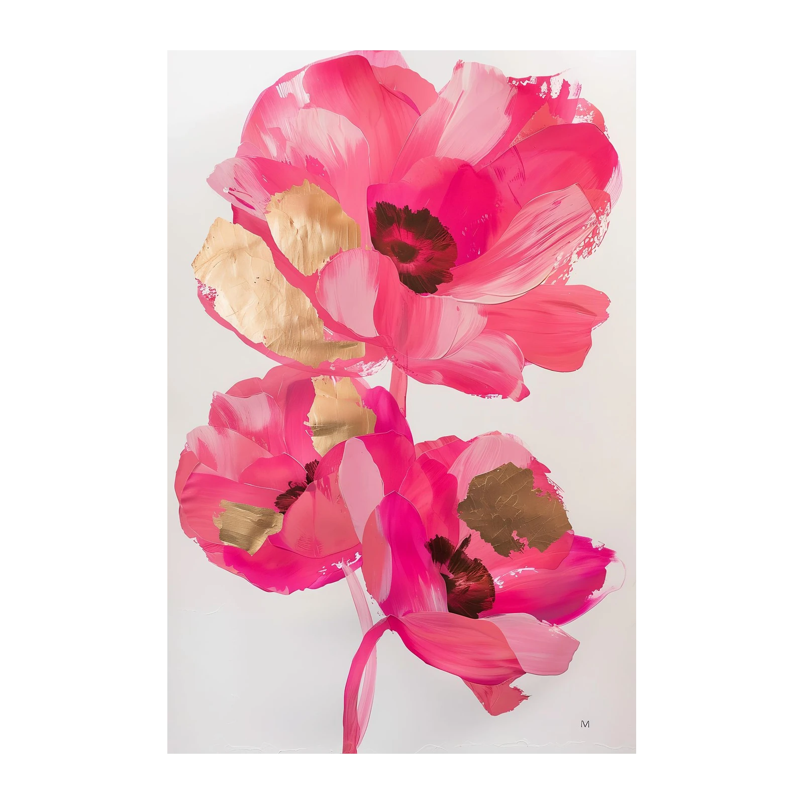 Vibrant Pink Floral Gold Leaf Wall Art