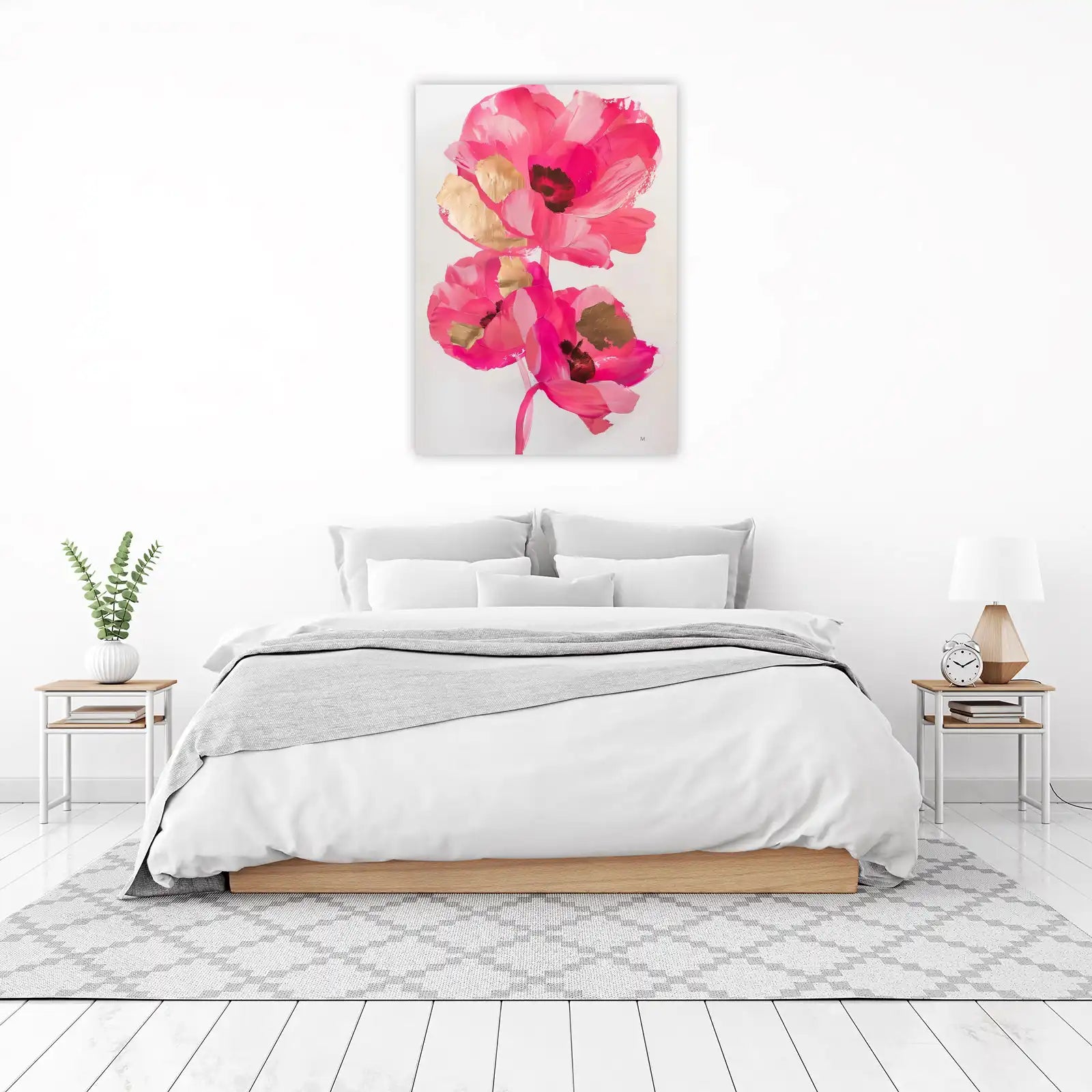 Vibrant Pink Floral Gold Leaf Wall Art