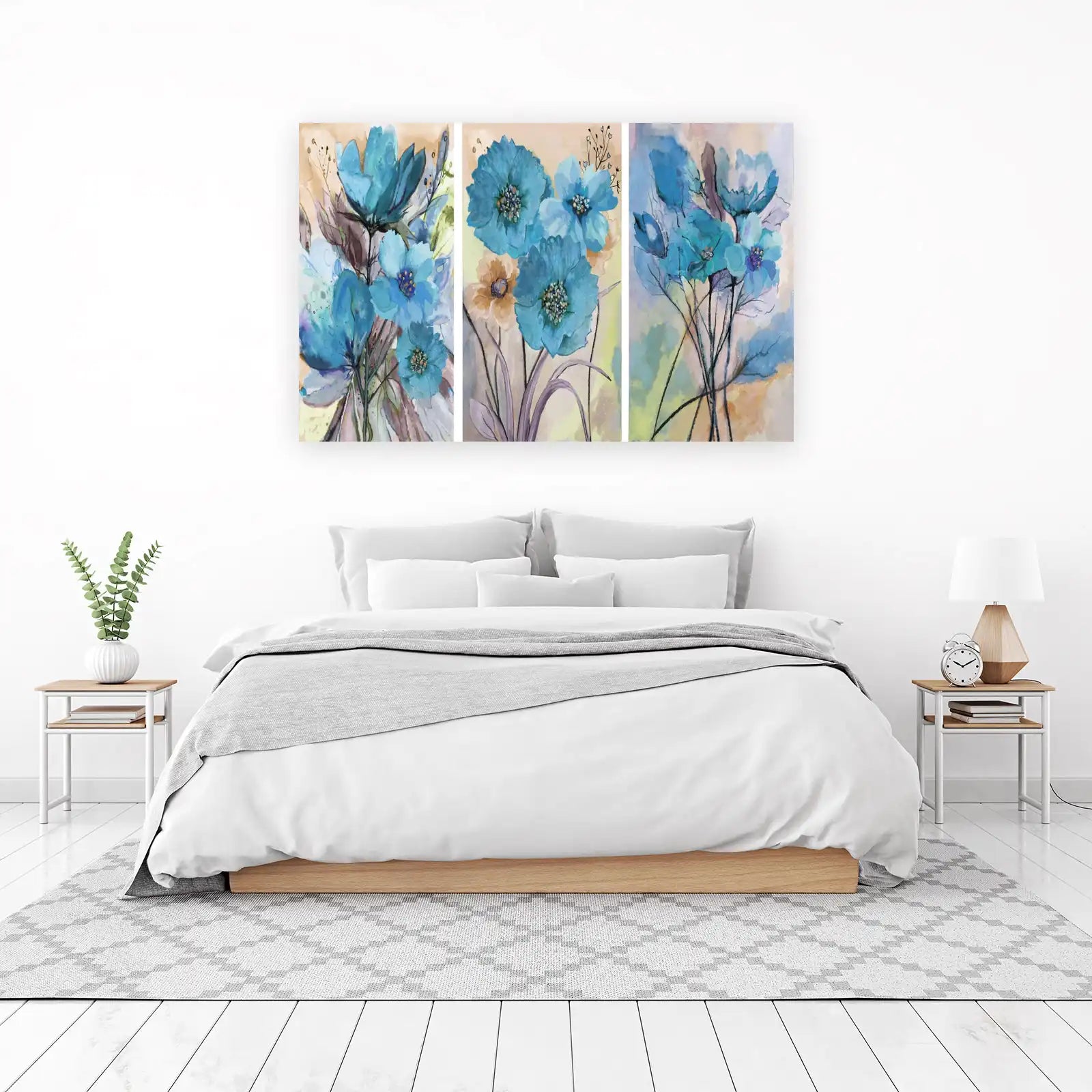 Vibrant Blue Floral Triptych Wall Art