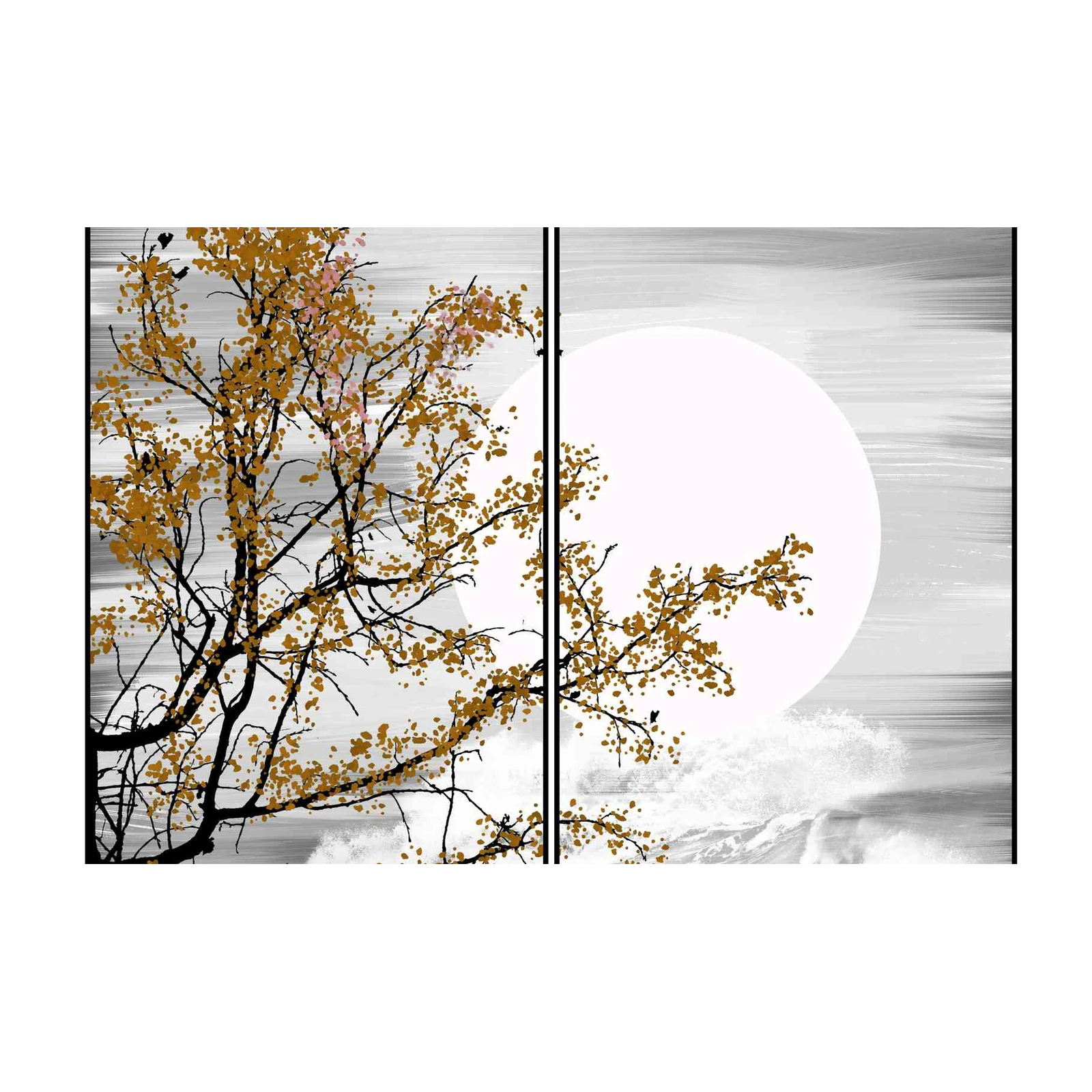 Golden Autumn Tree & Moon Diptych Wall Art