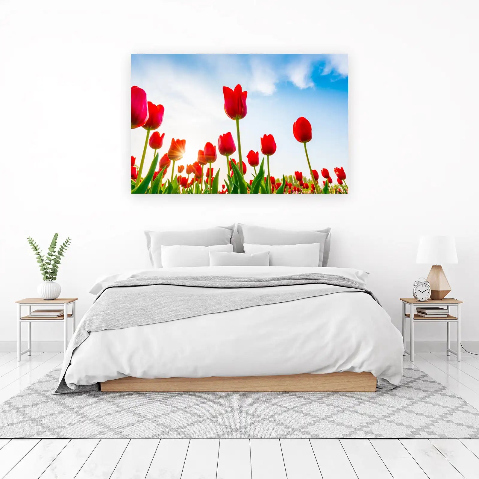 Vibrant Red Tulips Against Blue Sky Wall Art