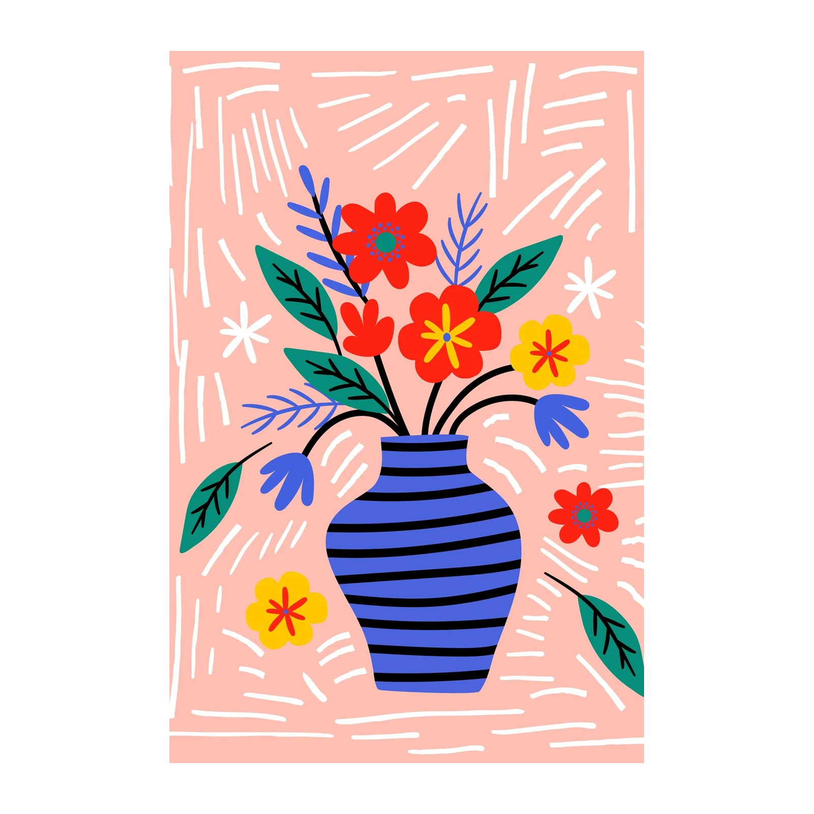 Vibrant Floral Bouquet Blue Striped Vase Wall Art