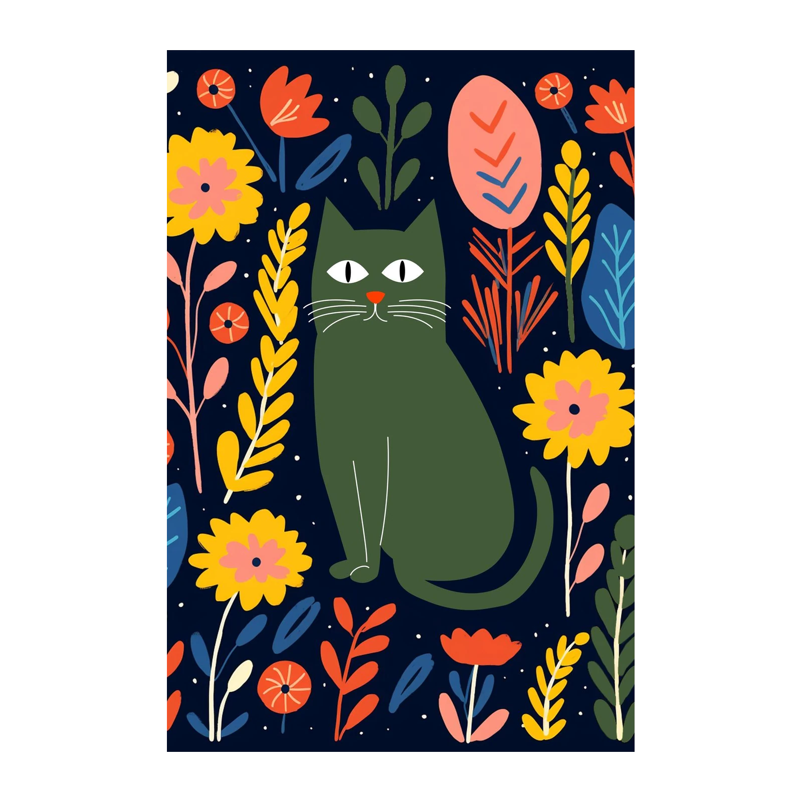Whimsical Green Cat Floral Art Wall Art