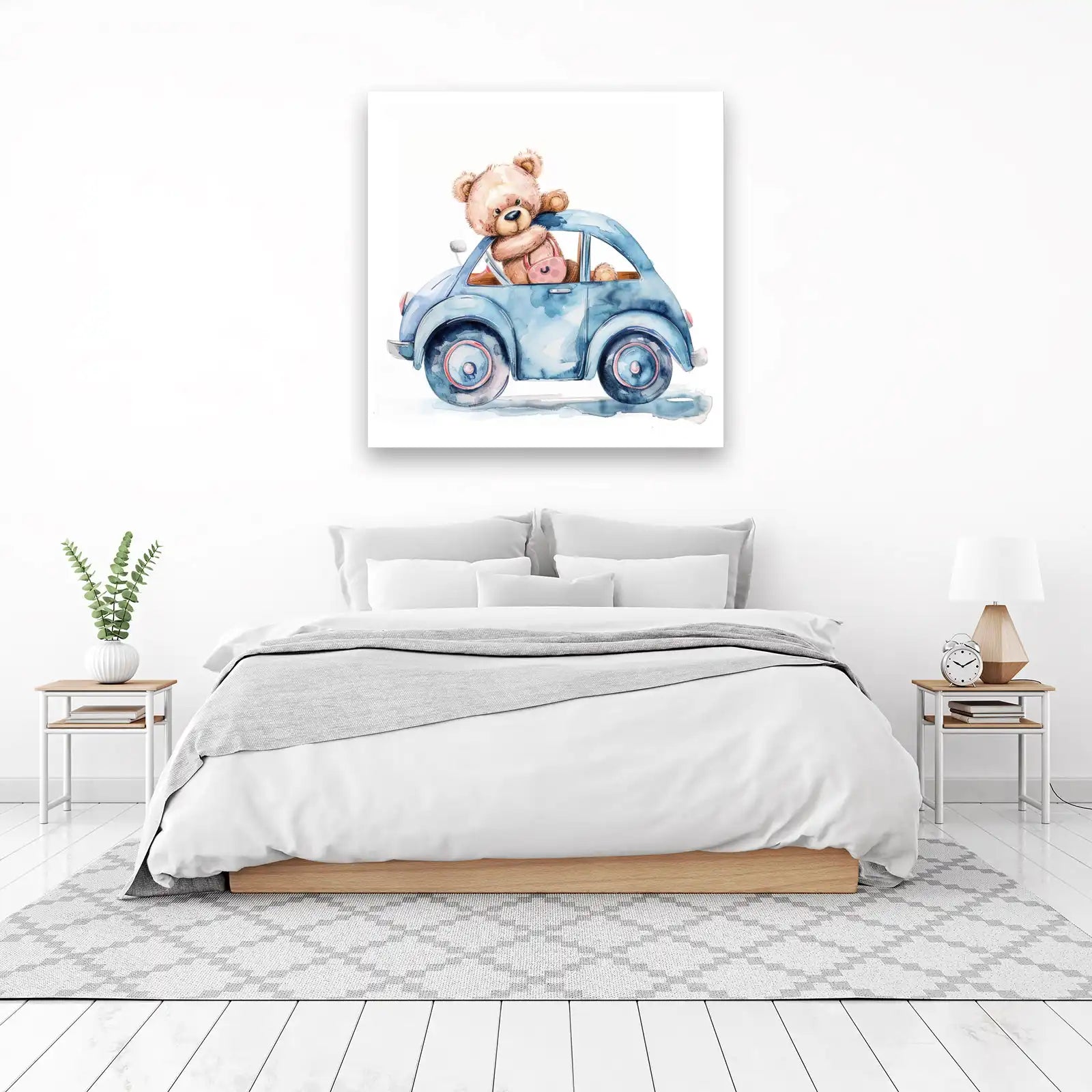 Adorable Teddy Bear Driving Blue Car Wall Art