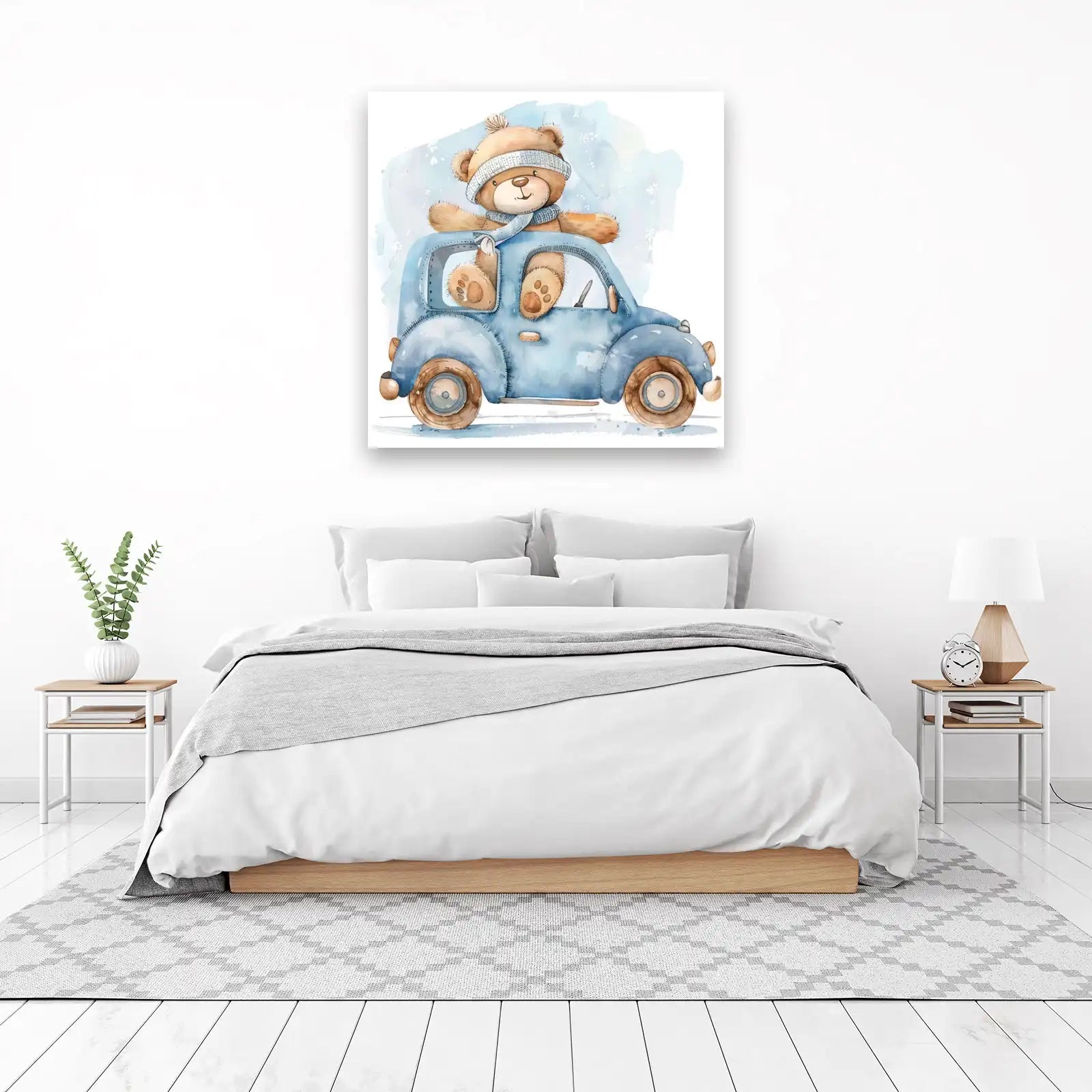 Adorable Teddy Bear Driving Blue Car Wall Art