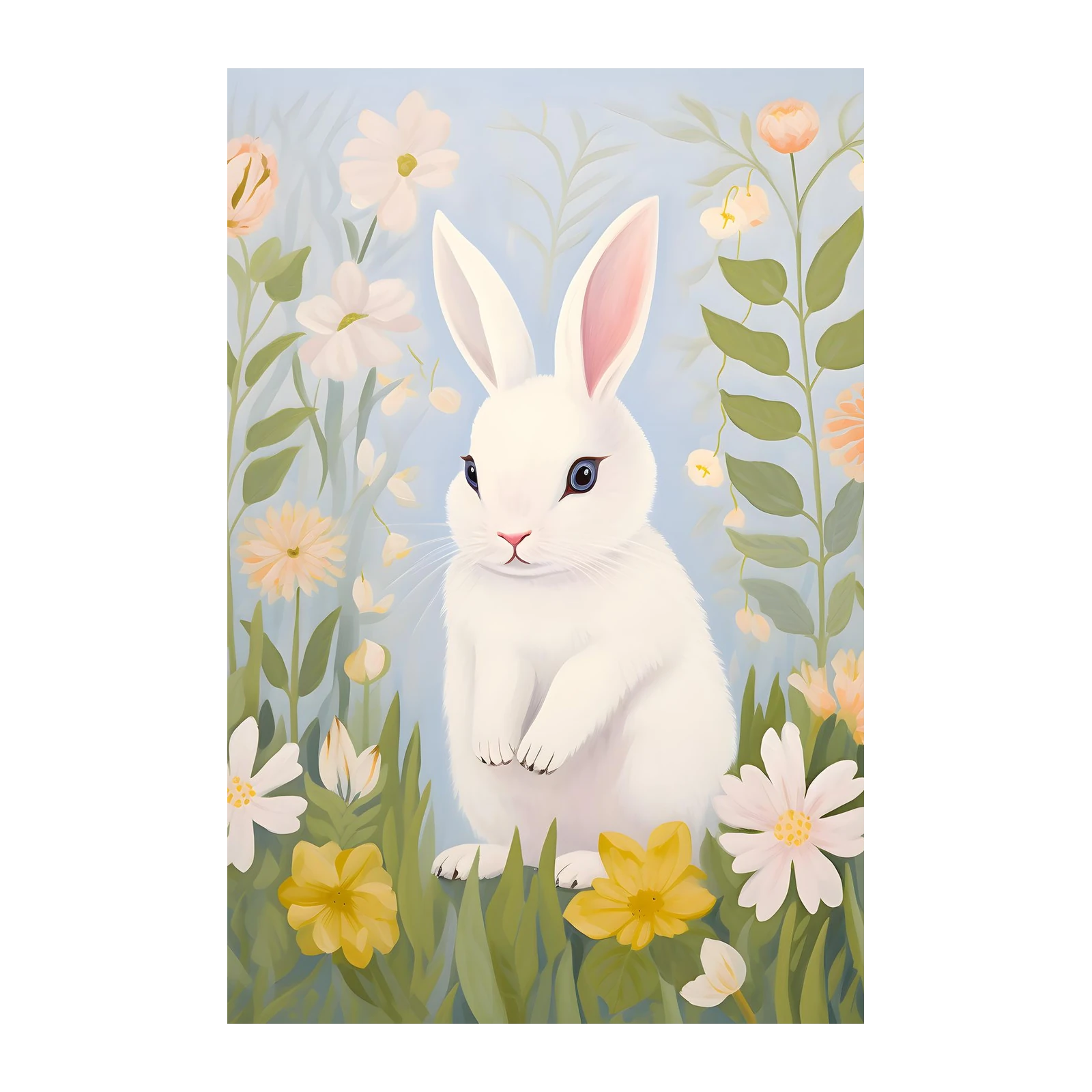 Charming White Bunny Floral Garden Wall Art