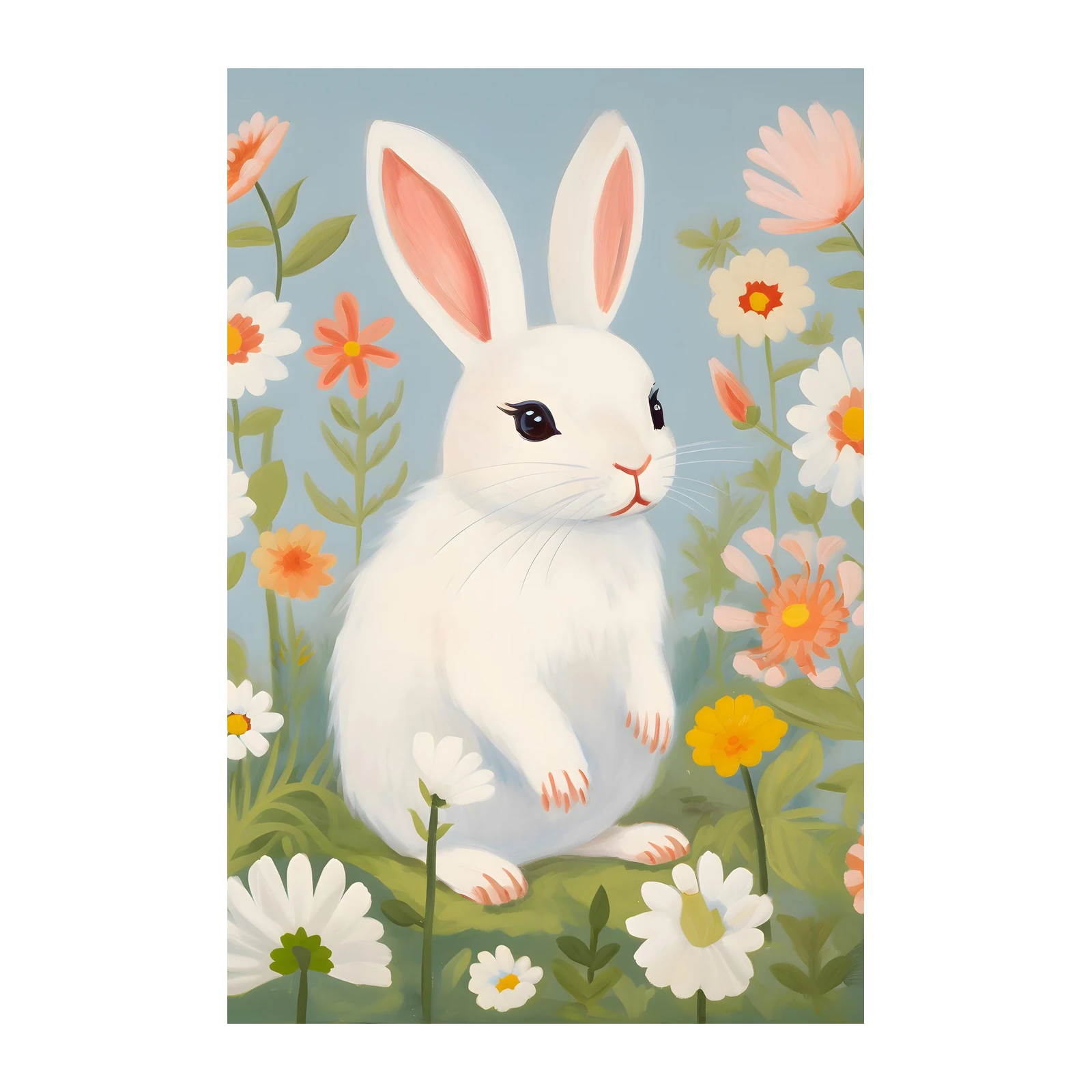 Charming White Bunny & Floral Field Wall Art
