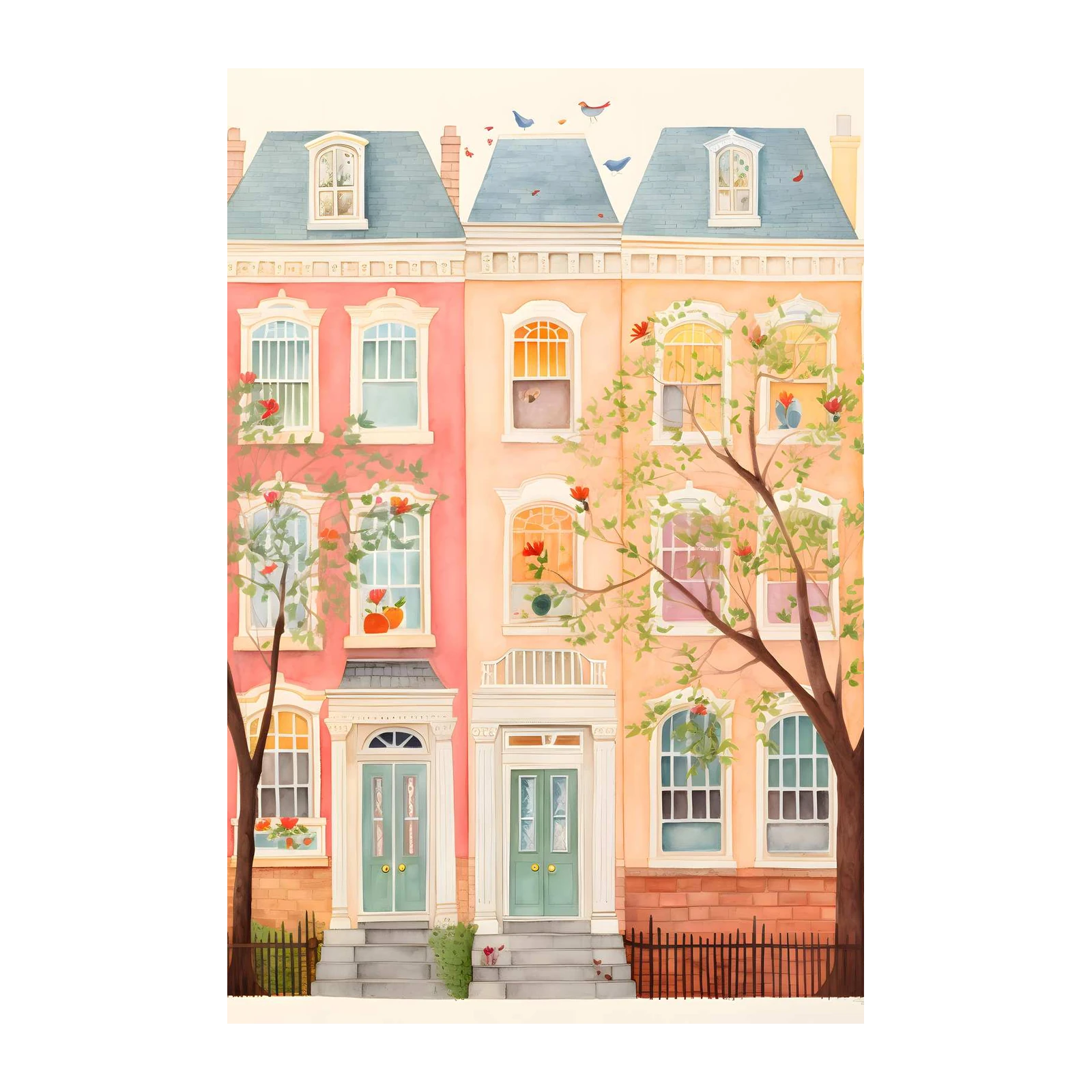 Charming Row Houses Watercolor Wall Art