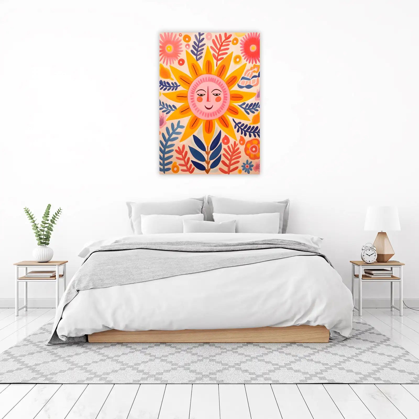 Whimsical Sun Face Floral Folk Art Wall Art