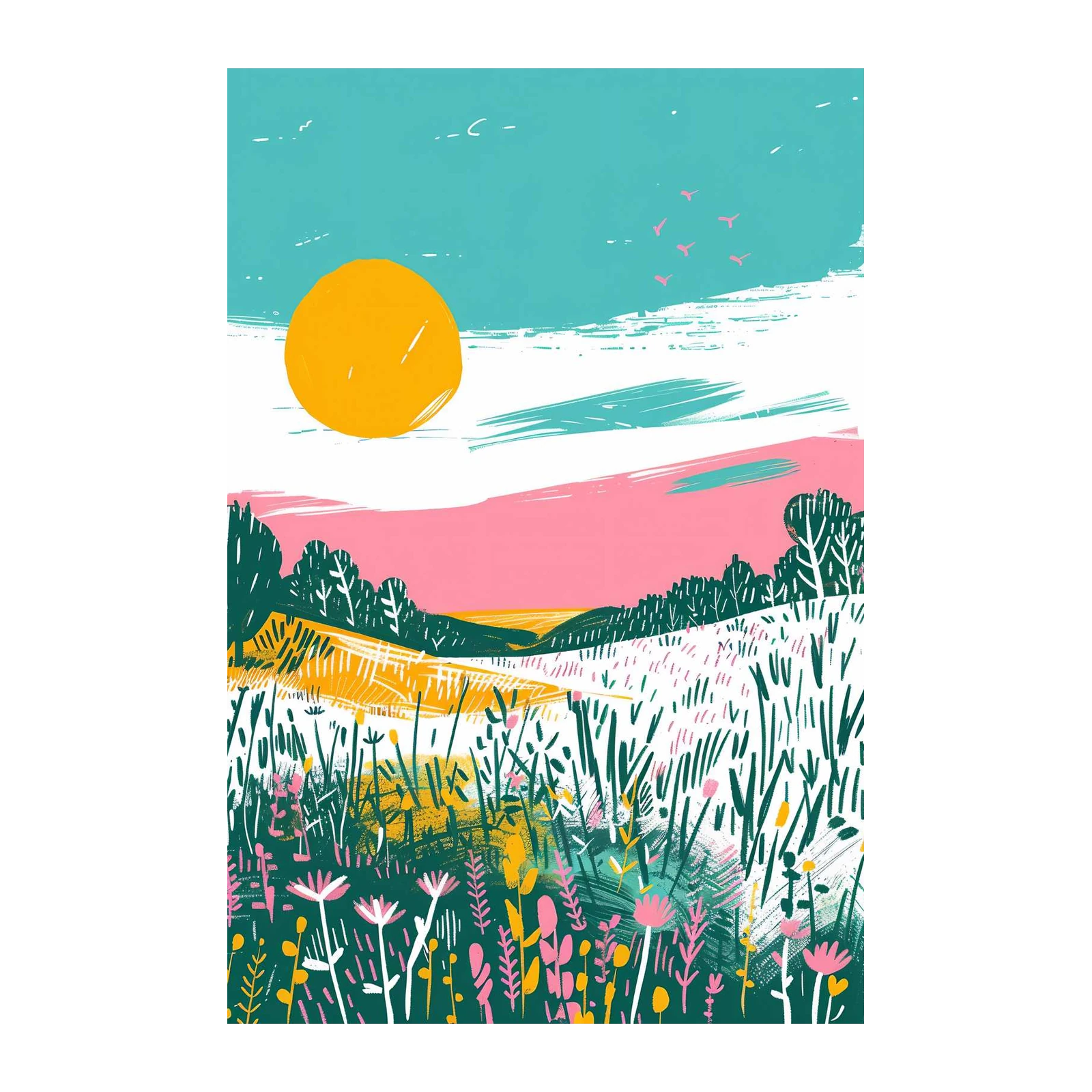 Sunny Meadow Floral Landscape Wall Art
