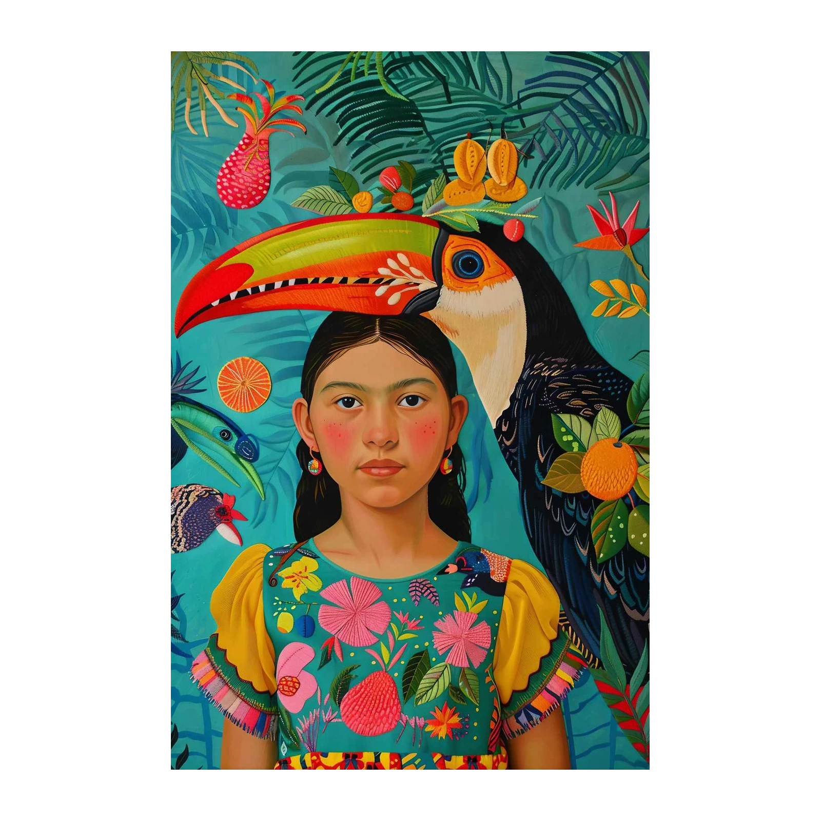 Vibrant Toucan & Girl Tropical Wall Art Wall Art