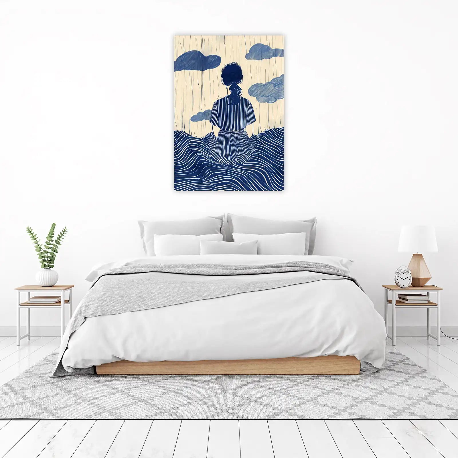 Serene Woman & Waves Blue Wall Art