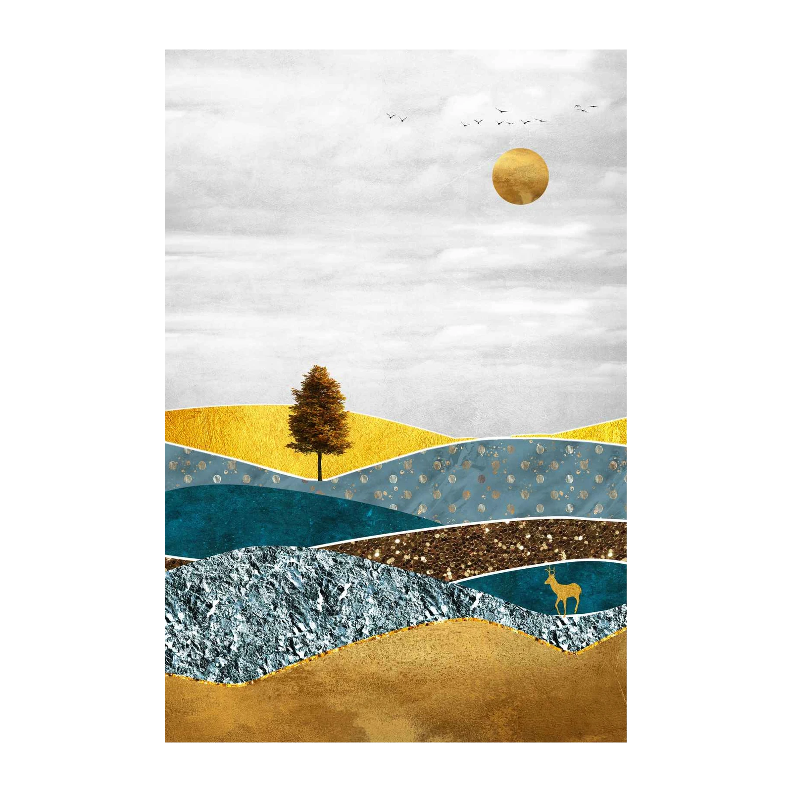 Golden Deer Landscape Abstract Wall Art