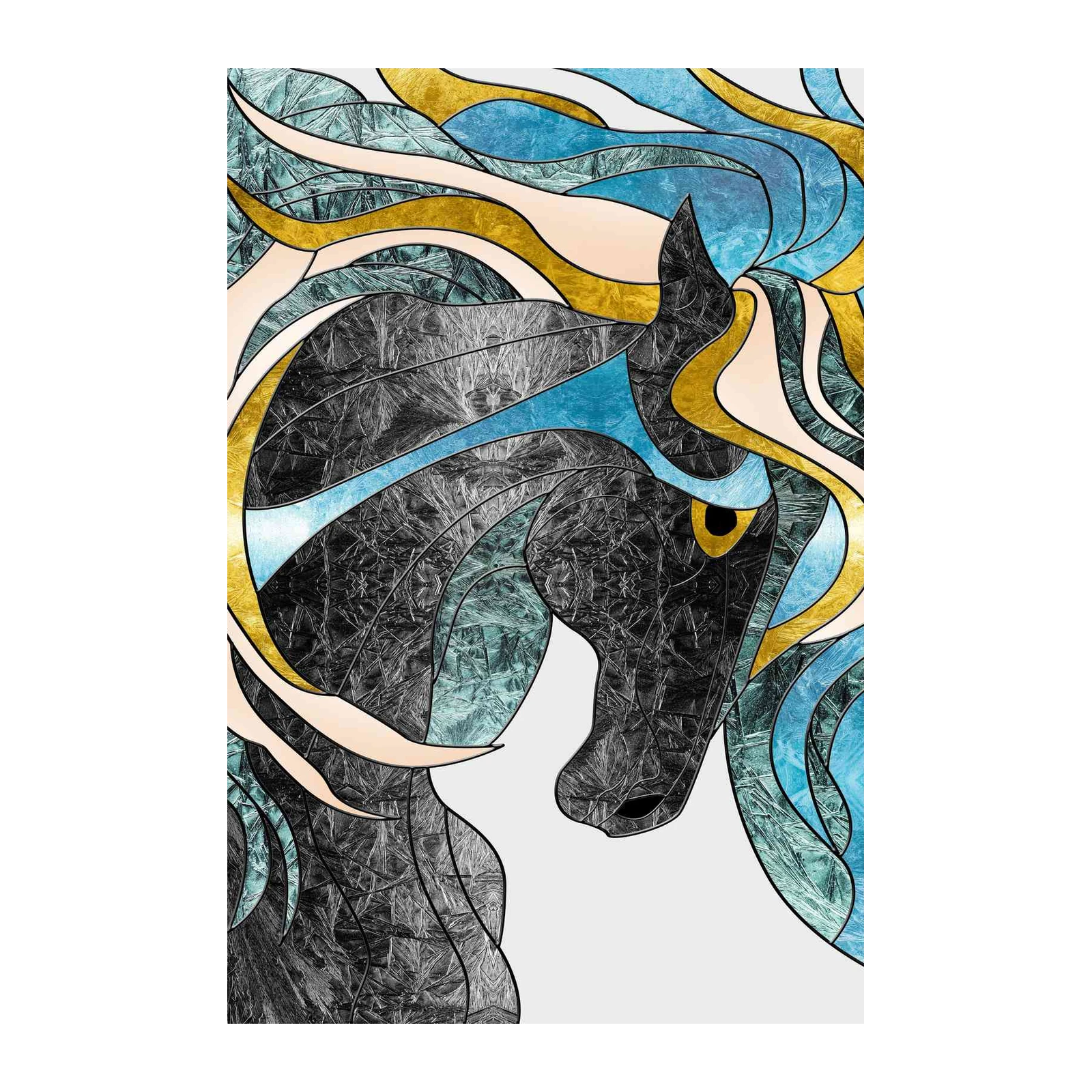 Majestic Black Horse Abstract Gold Blue Wall Art