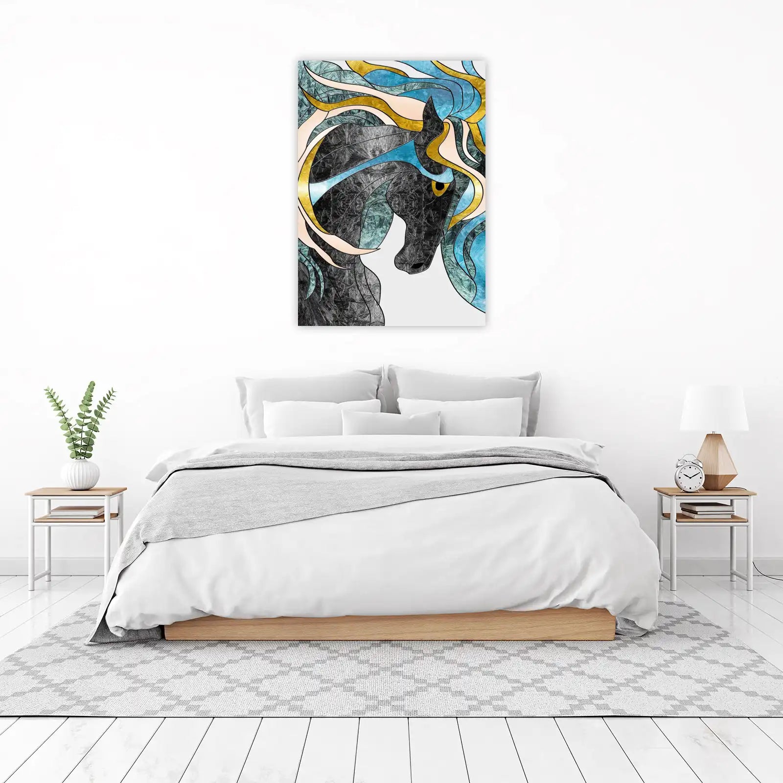 Majestic Black Horse Abstract Gold Blue Wall Art