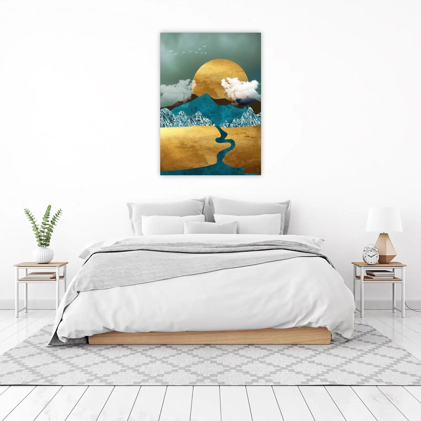Gold Sun Mountain River Teal Landscape Wall Art