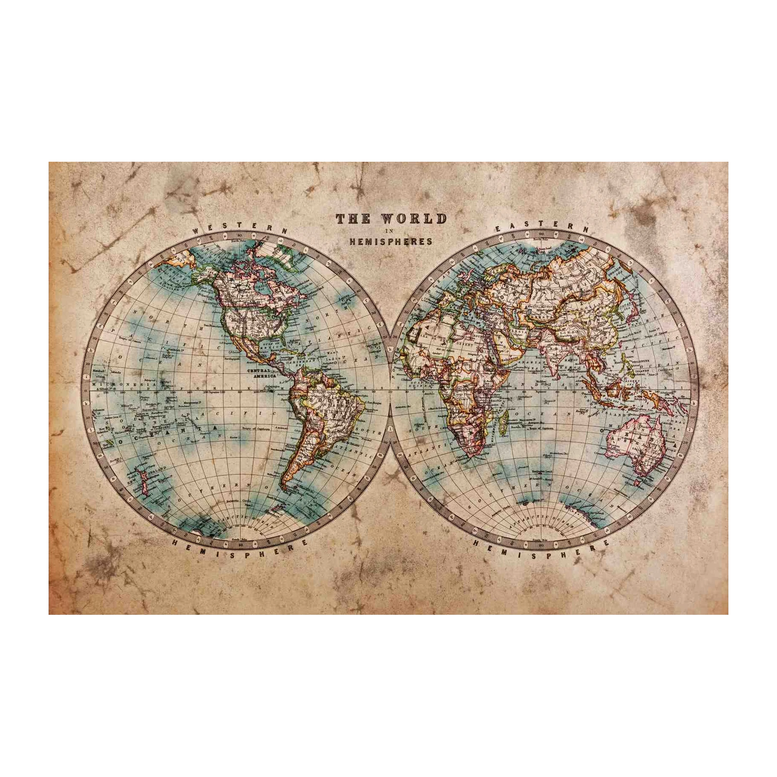 Vintage World Map Hemispheres Wall Art