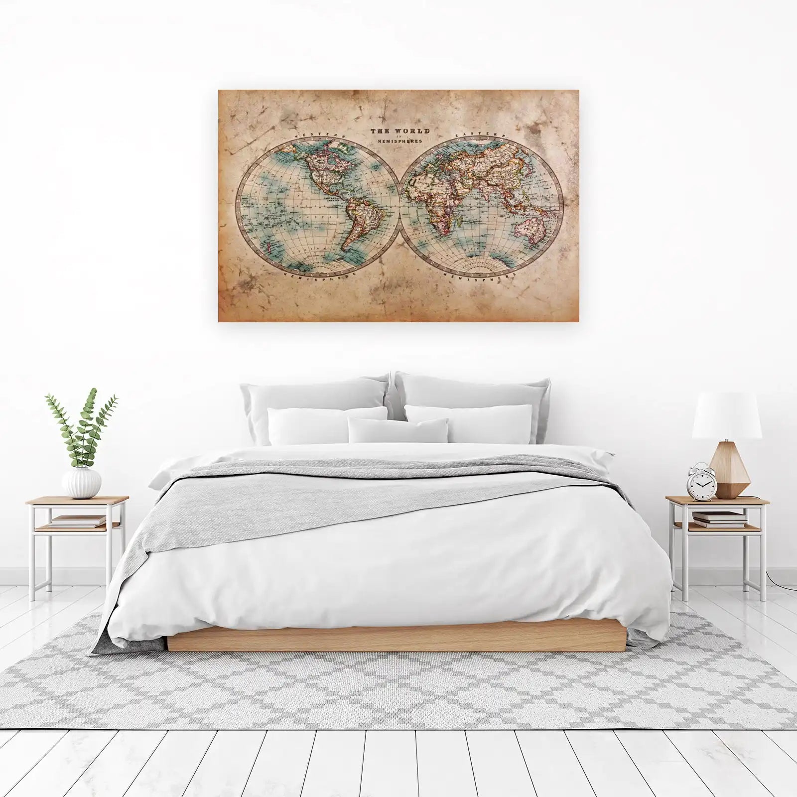 Vintage World Map Hemispheres Wall Art