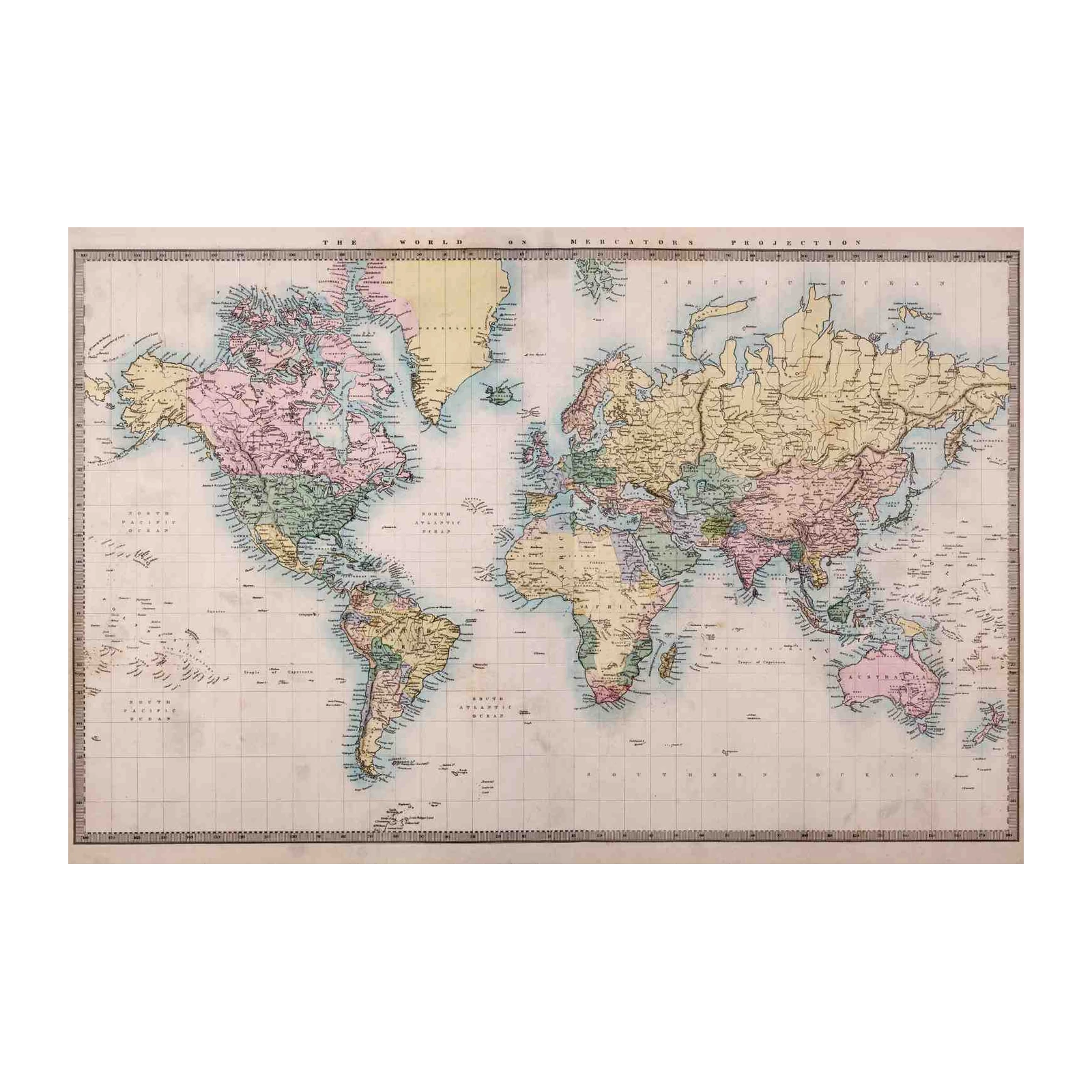 Vintage World Map Mercator Projection Wall Art