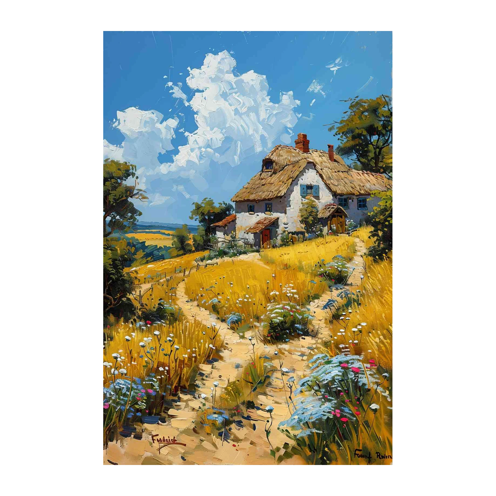 Charming Countryside Cottage Oil Painting Wall Art