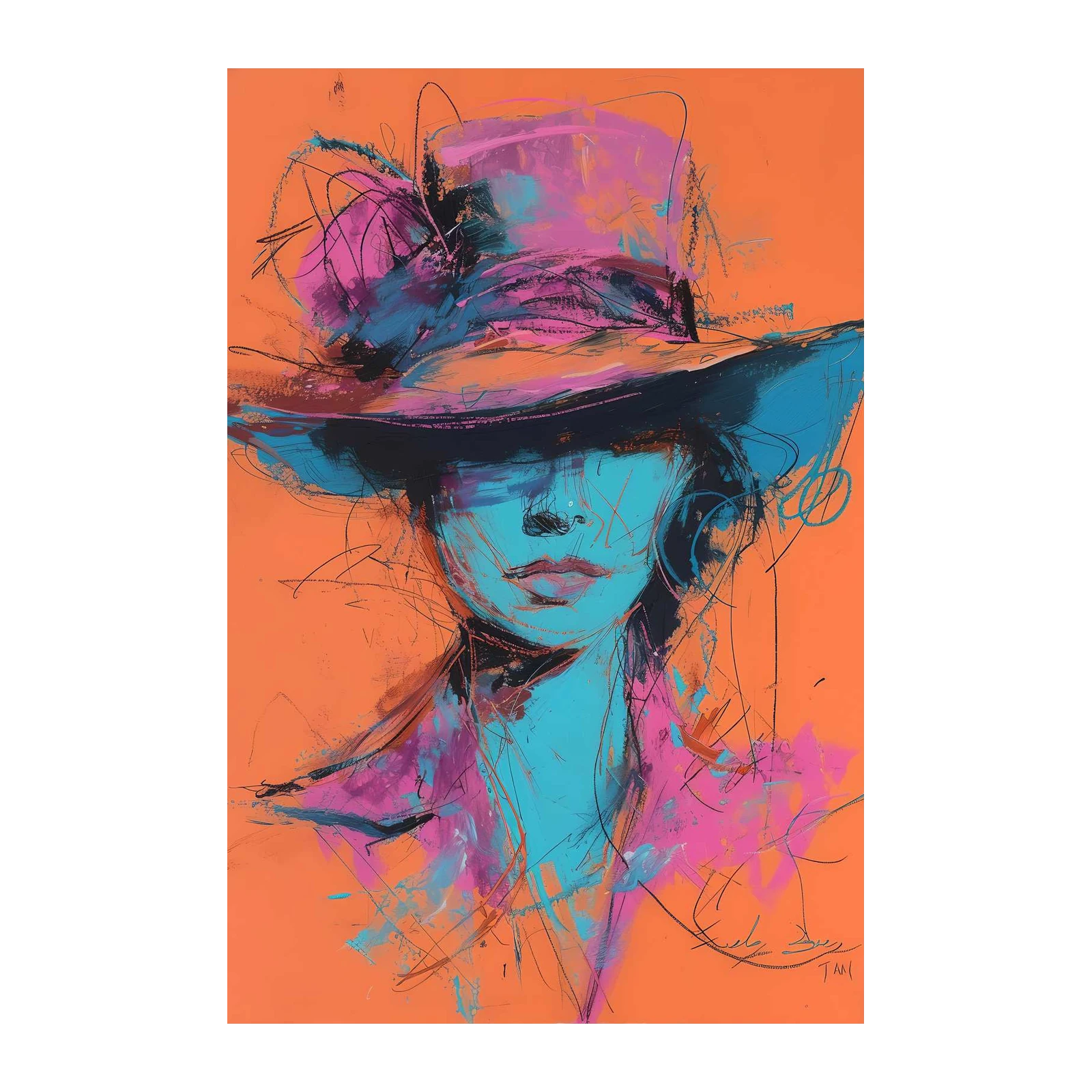 Vibrant Lady with Hat Abstract Wall Art