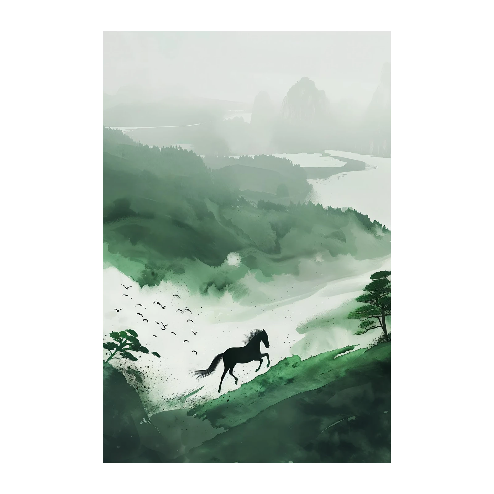 Misty Mountain Horse and Birds Wall Art