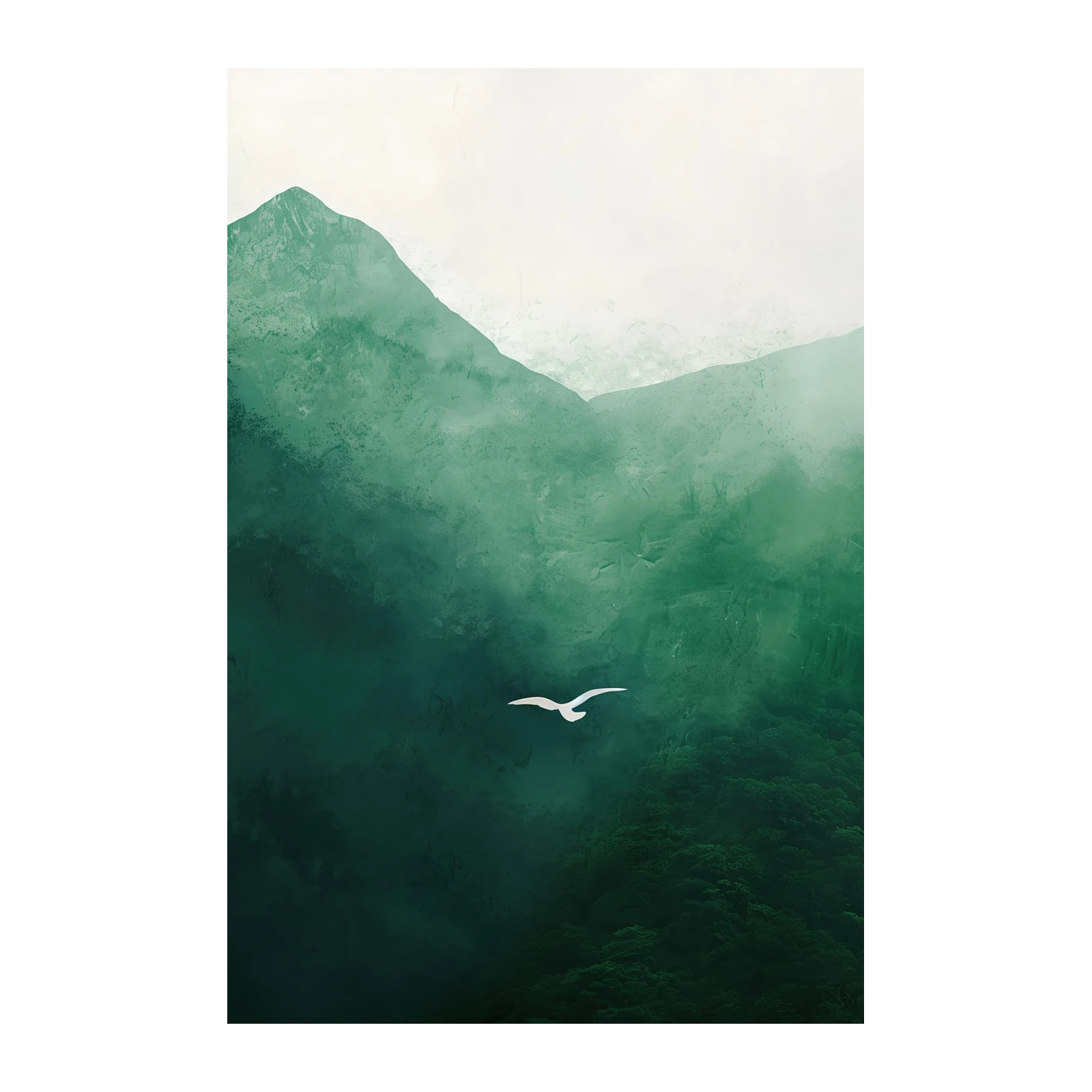 Serene Mountain Bird Minimalist Green Wall Art