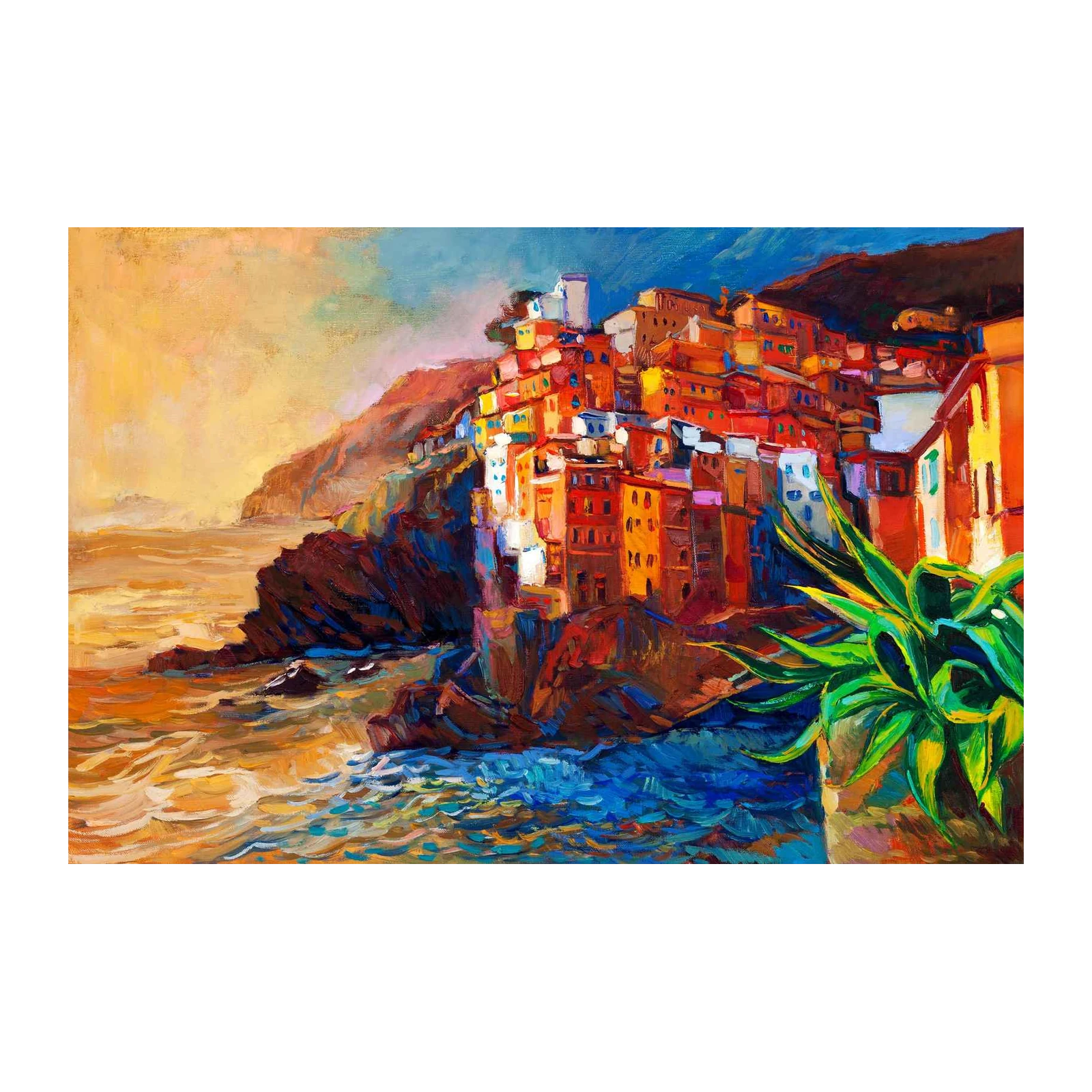 Vibrant Coastal Village Landscape Wall Art