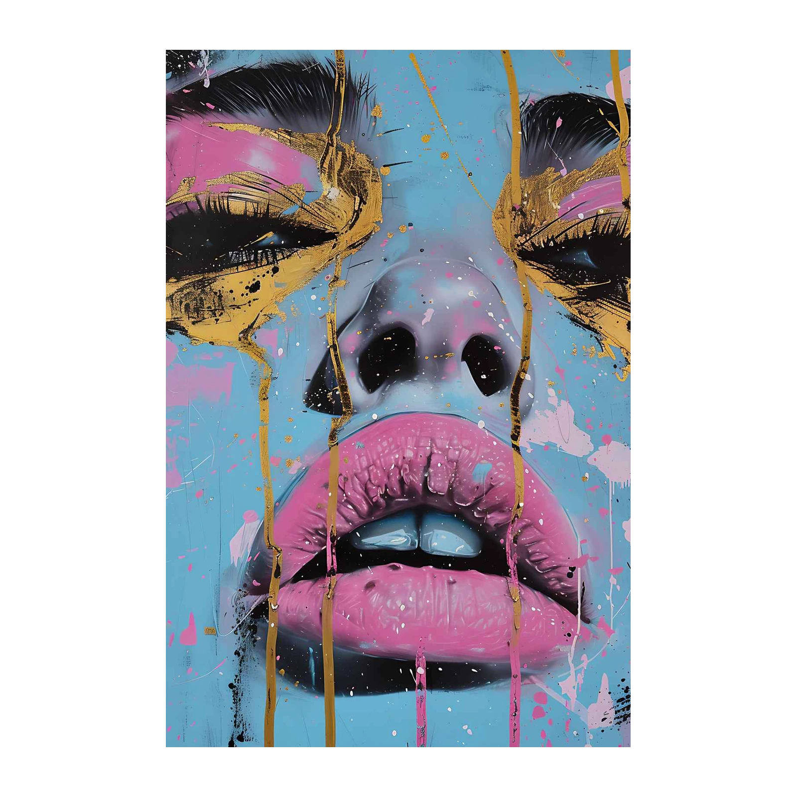 Vibrant Pink Lips & Gold Drip Wall Art