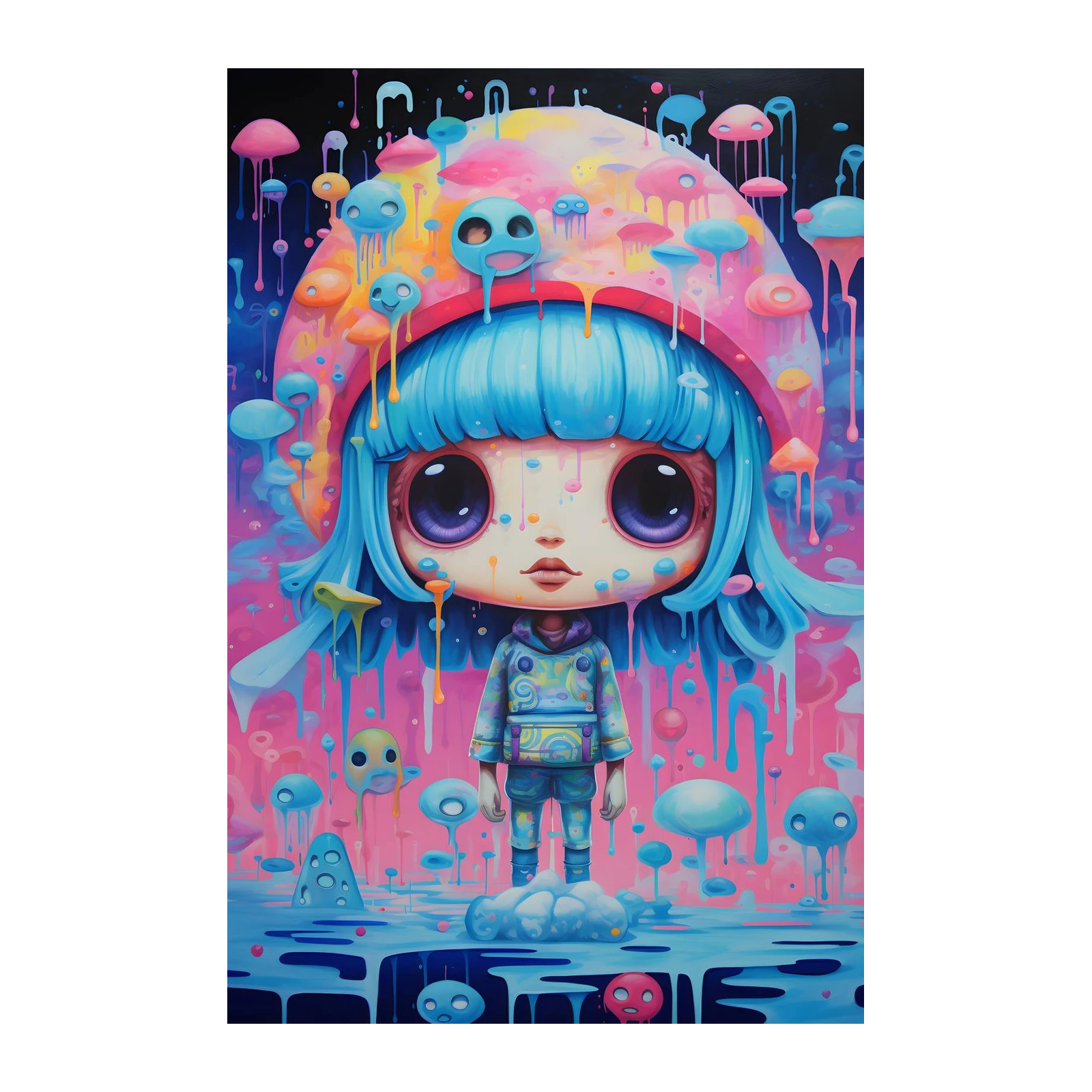 Whimsical Blue-Haired Character Wall Art
