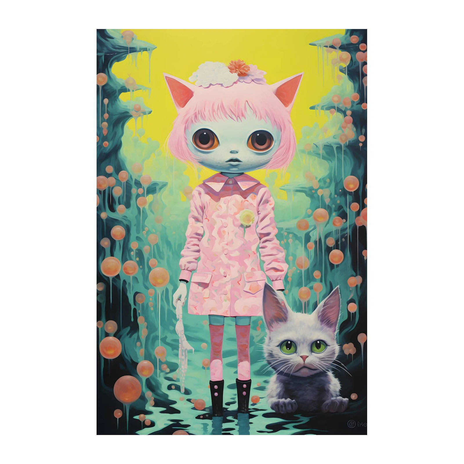 Surreal Cat Girl & Kitten Wall Art