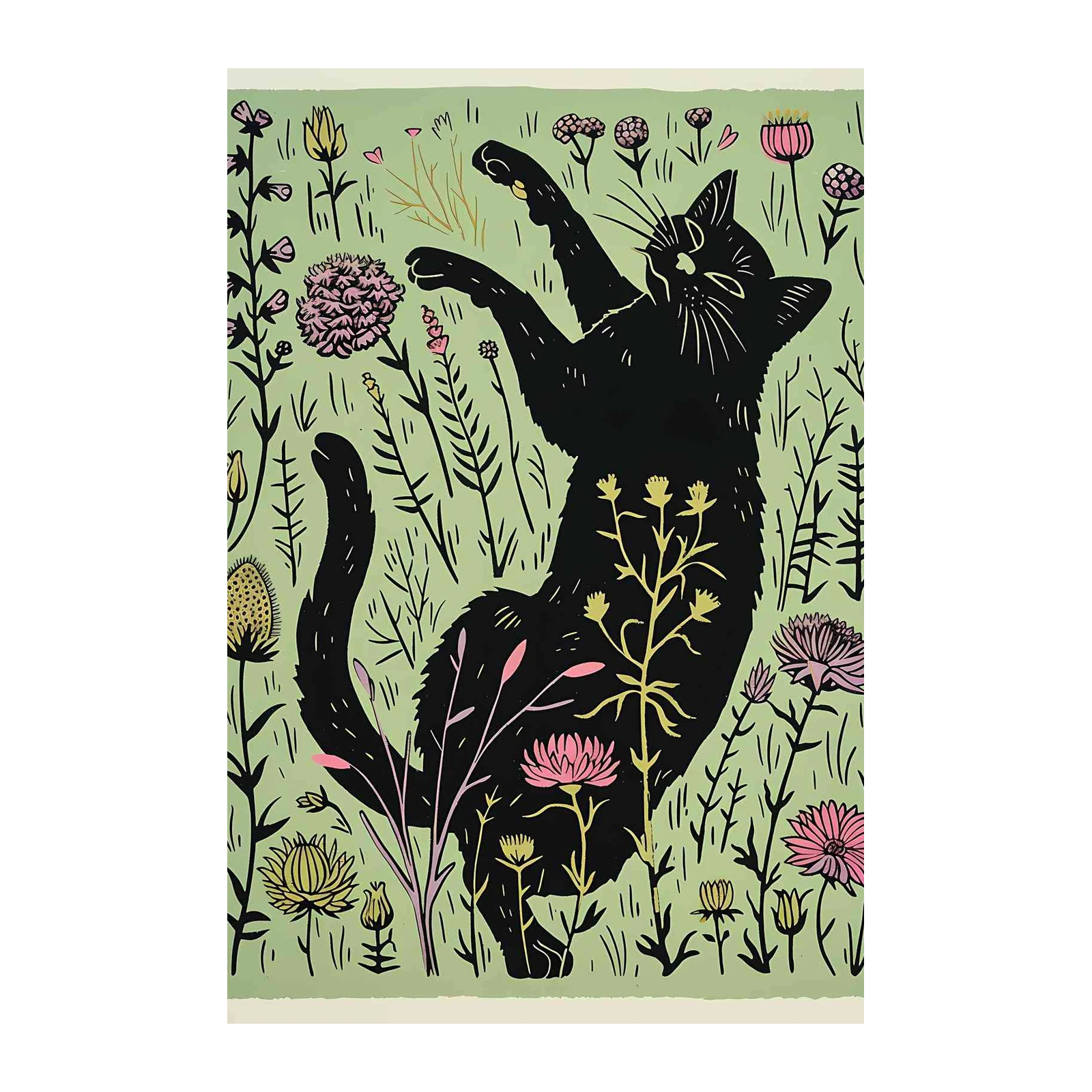 Whimsical Black Cat Floral Meadow Wall Art