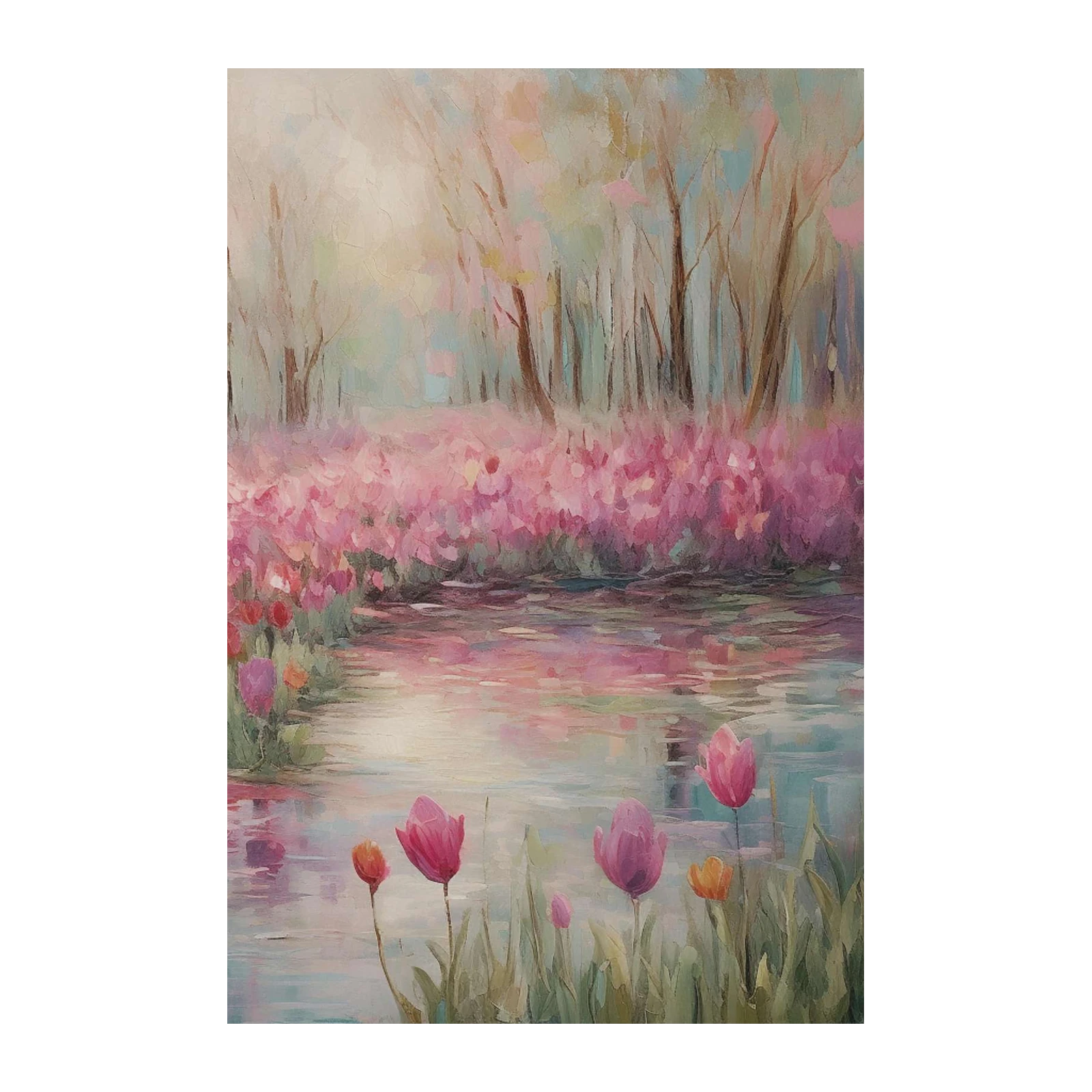 Serene Tulip Garden Water Scene Wall Art