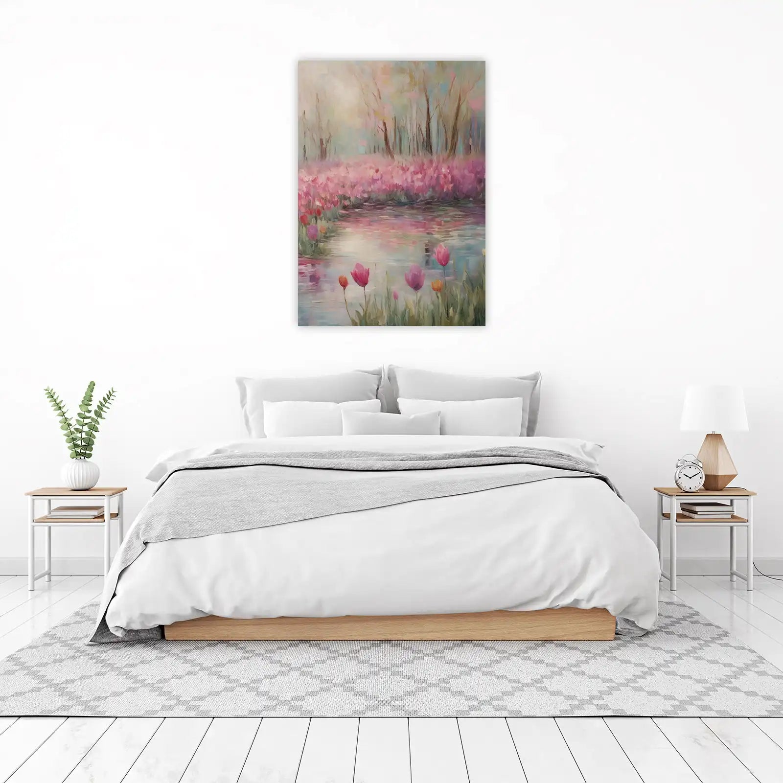 Serene Tulip Garden Water Scene Wall Art