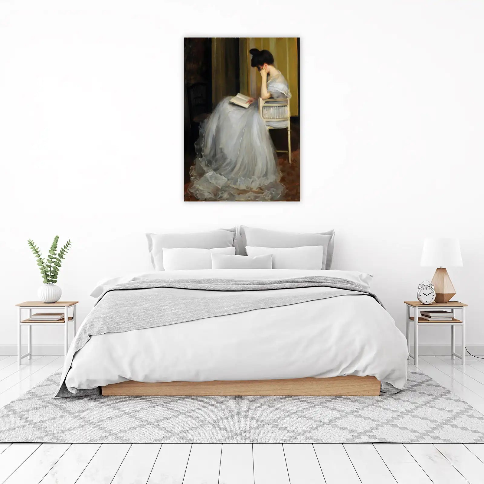 Elegant Reading Woman in White Gown Wall Art