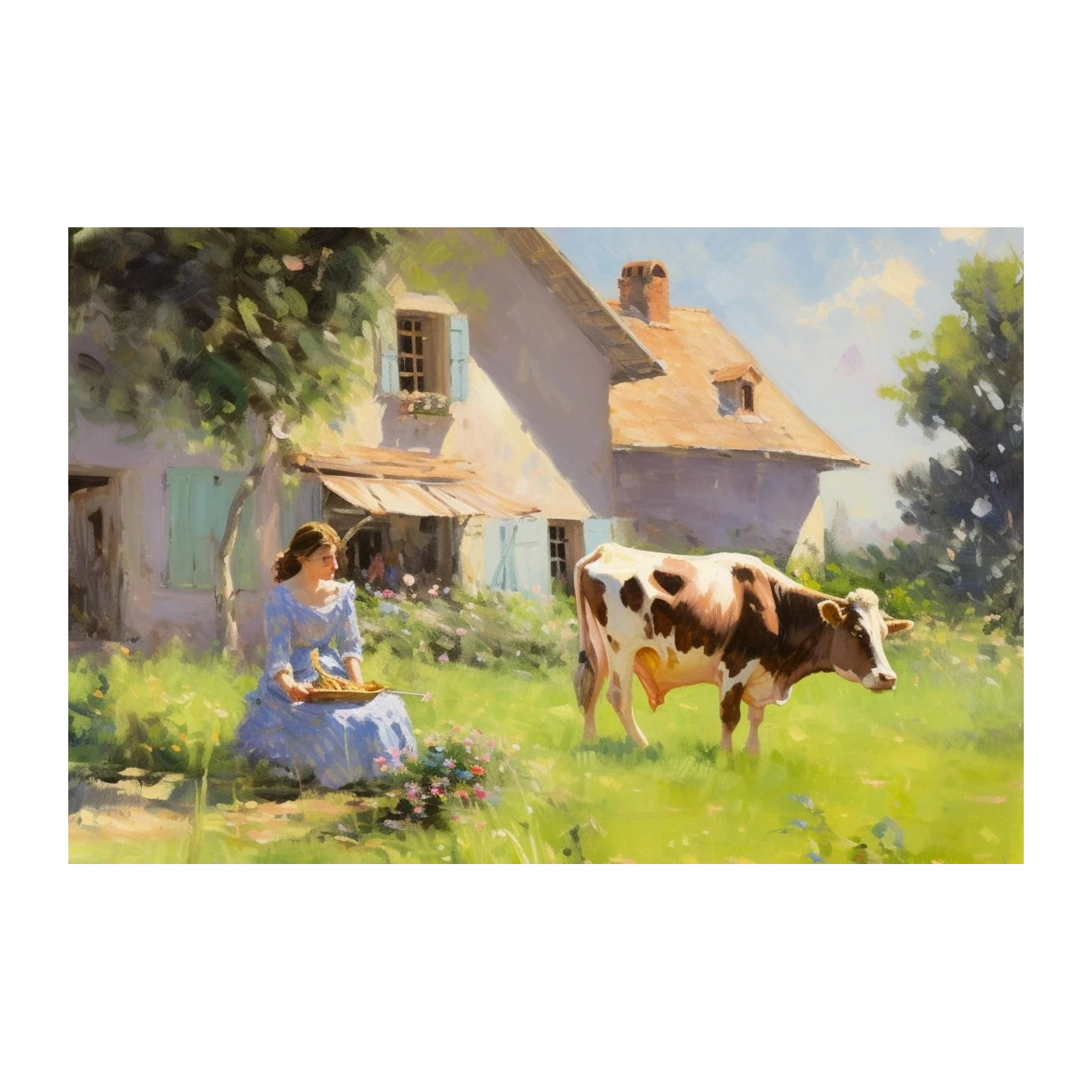 Pastoral Countryside Cow & Woman Wall Art